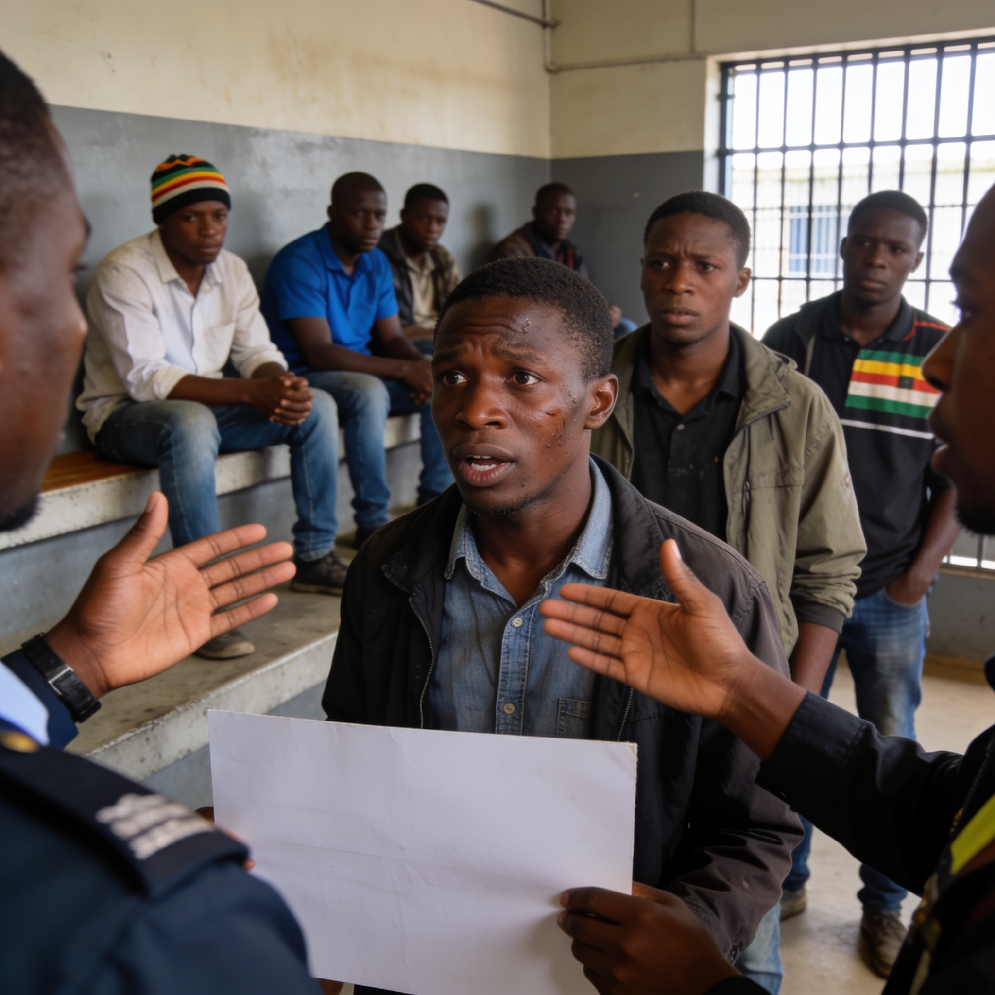 Create an editorial news illustration for an article about '200 Zimbabwean Migrants Detained in South Africa: Activists Demand Action'. The specific country is Zimbabwe (ZW); make visual cues accurate to this exact country and avoid flags or symbols