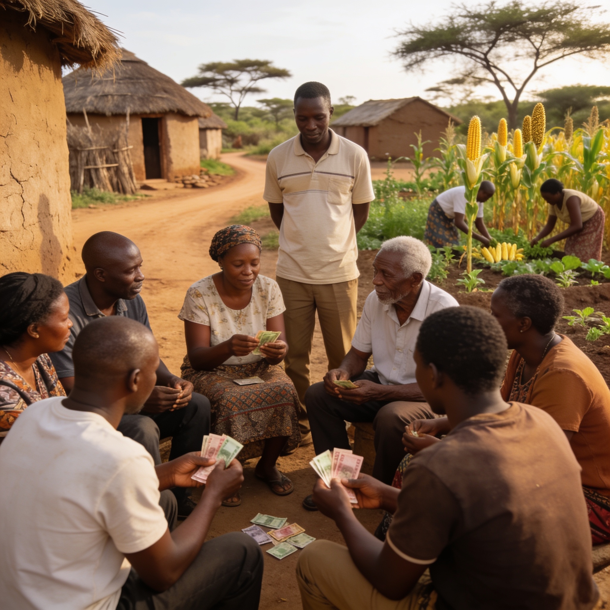 Create an editorial news illustration for an article about 'Beitbridge West Villagers Turn Small Savings into Sustainable Livelihoods'. The specific country is Zimbabwe (ZW); make visual cues accurate to this exact country and avoid flags or symbols