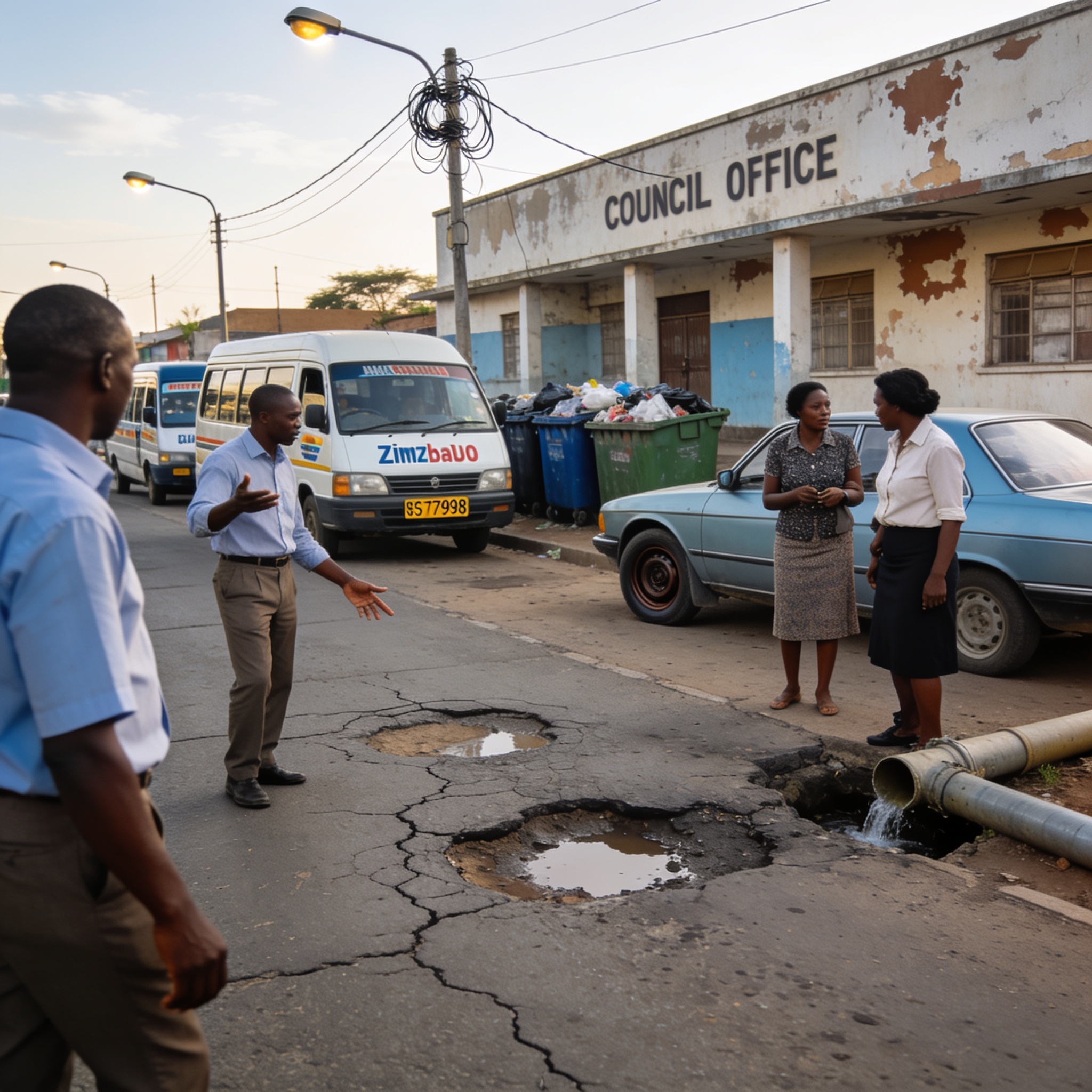 Create an editorial news illustration for an article about "Bulawayo Council's US$2.7bn Debt Crisis: Residents Owe 71% as Services Suffer". The specific country is Zimbabwe (ZW); make visual cues accurate to this exact country and avoid flags or symb