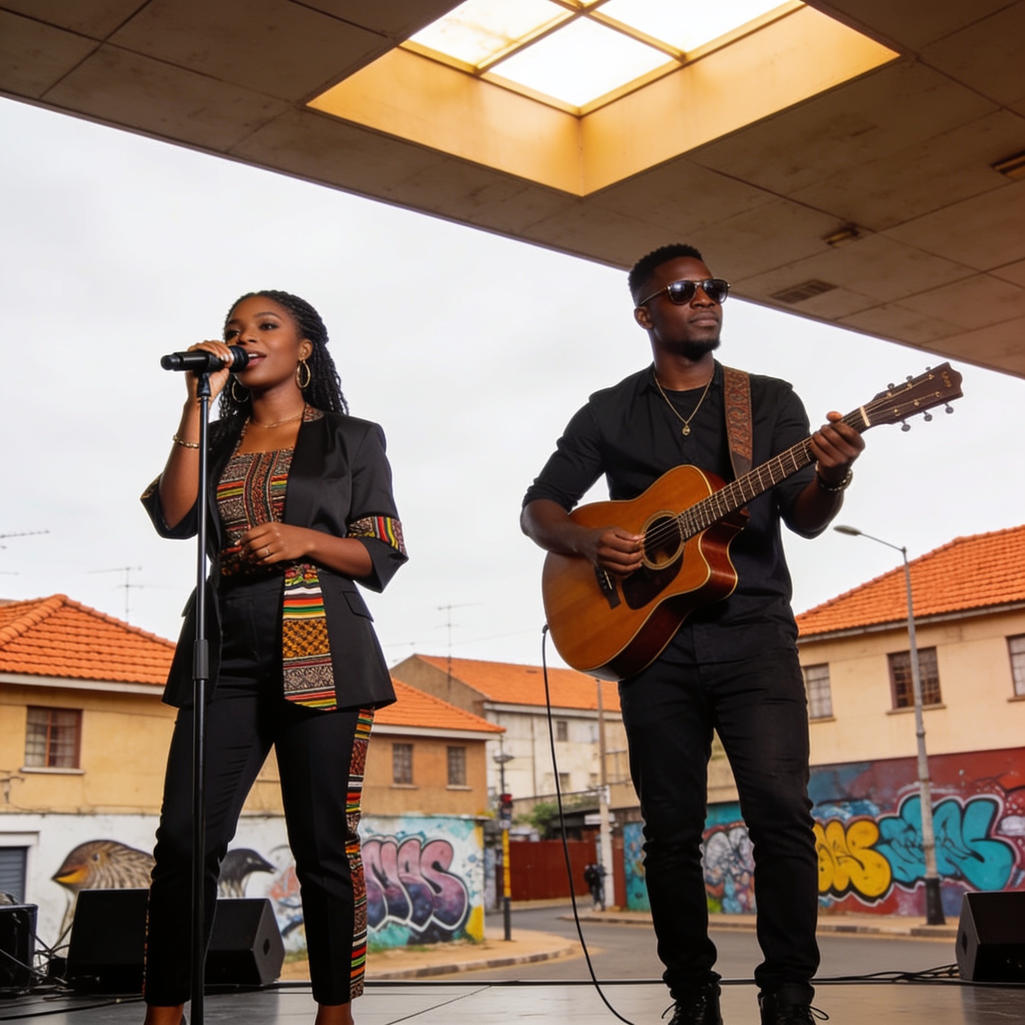 Create an editorial news illustration for an article about 'Bulawayo Creatives Samantha Moyo and Tojey Blox Rise From Setbacks to Big Stages'. The specific country is Zimbabwe (ZW); make visual cues accurate to this exact country and avoid flags or s