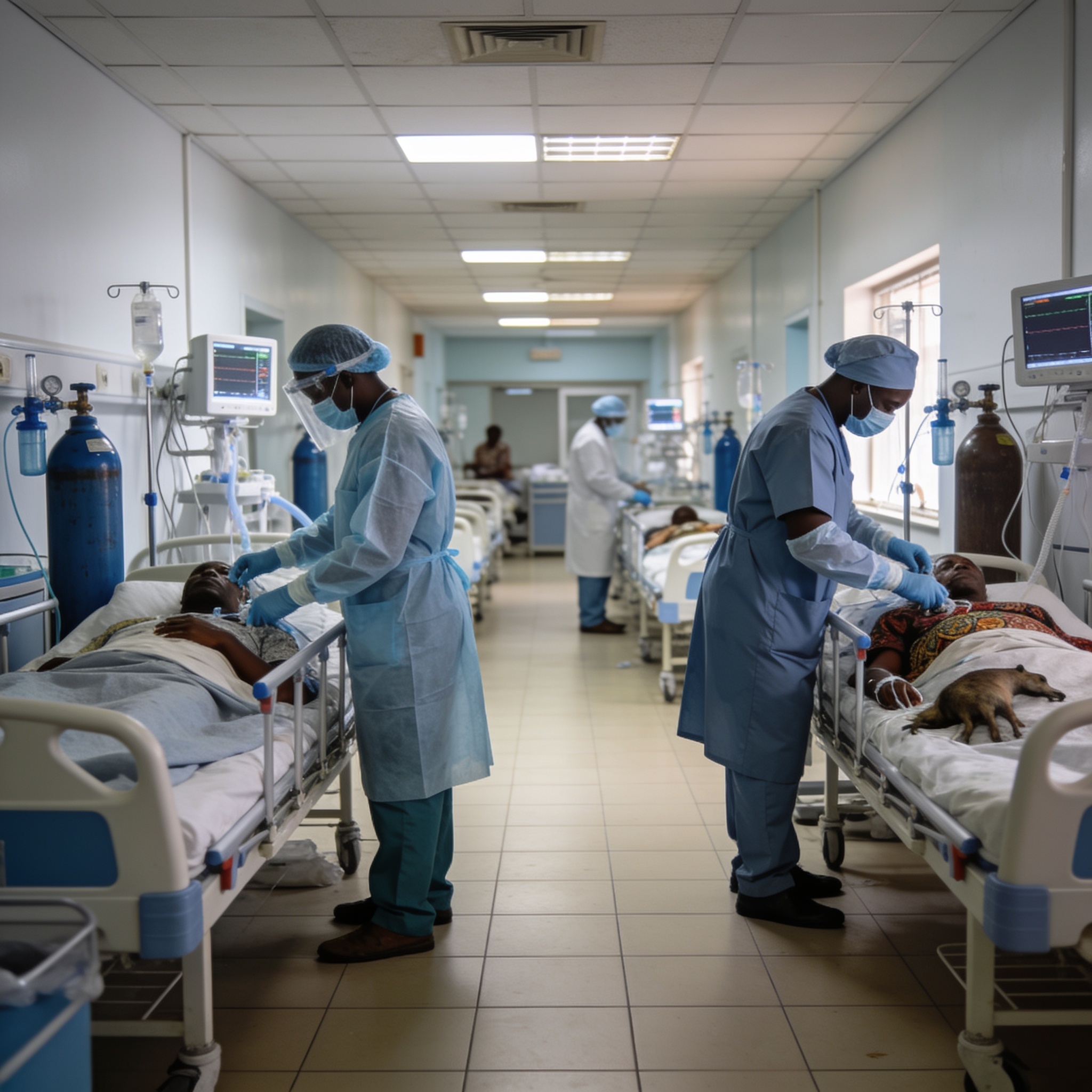 Create an editorial news illustration for an article about 'Bulawayo Records Five Flu-Related Deaths at Mpilo Central Hospital'. The specific country is Zimbabwe (ZW); make visual cues accurate to this exact country and avoid flags or symbols of simi