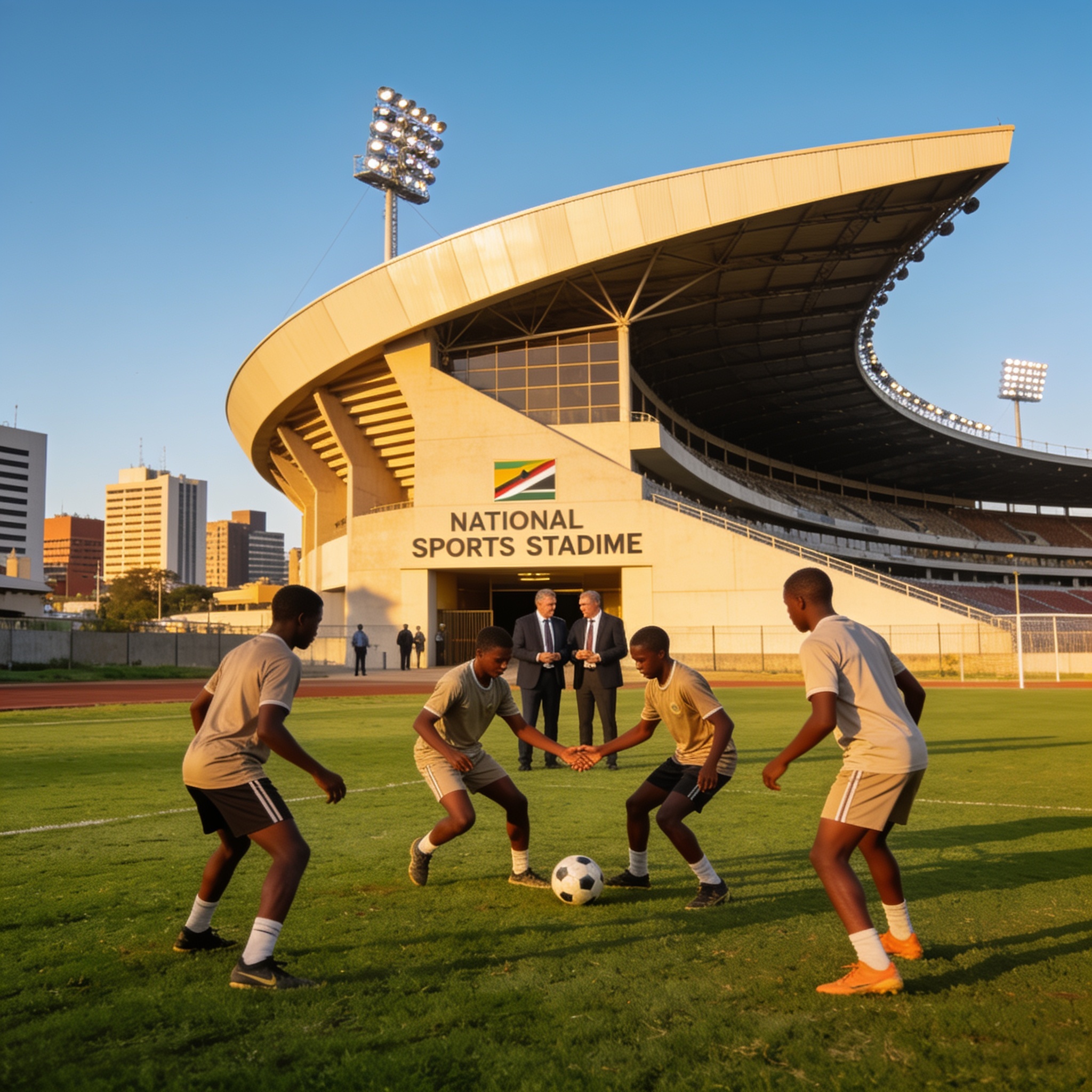 Create an editorial news illustration for an article about 'CAF Unveils Host Nations for 2027 Youth AFCONs, Sets Date for Super Cup'. The specific country is Zimbabwe (ZW); make visual cues accurate to this exact country and avoid flags or symbols of
