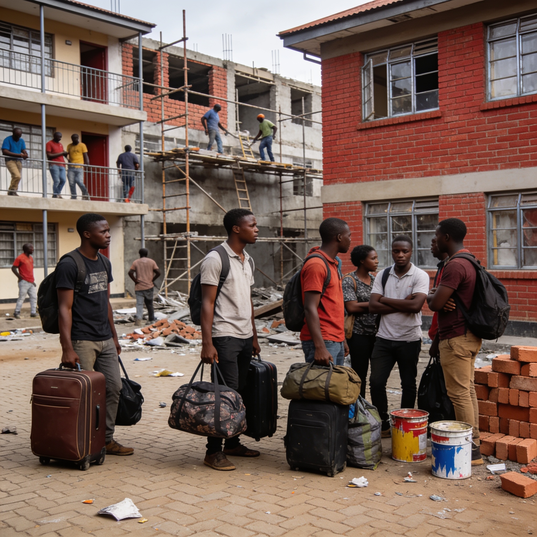 Create an editorial news illustration for an article about 'Chinhoyi University Students Evicted from Hostels Ahead of Zanu PF Conference Renovations'. The specific country is Zimbabwe (ZW); make visual cues accurate to this exact country and avoid f