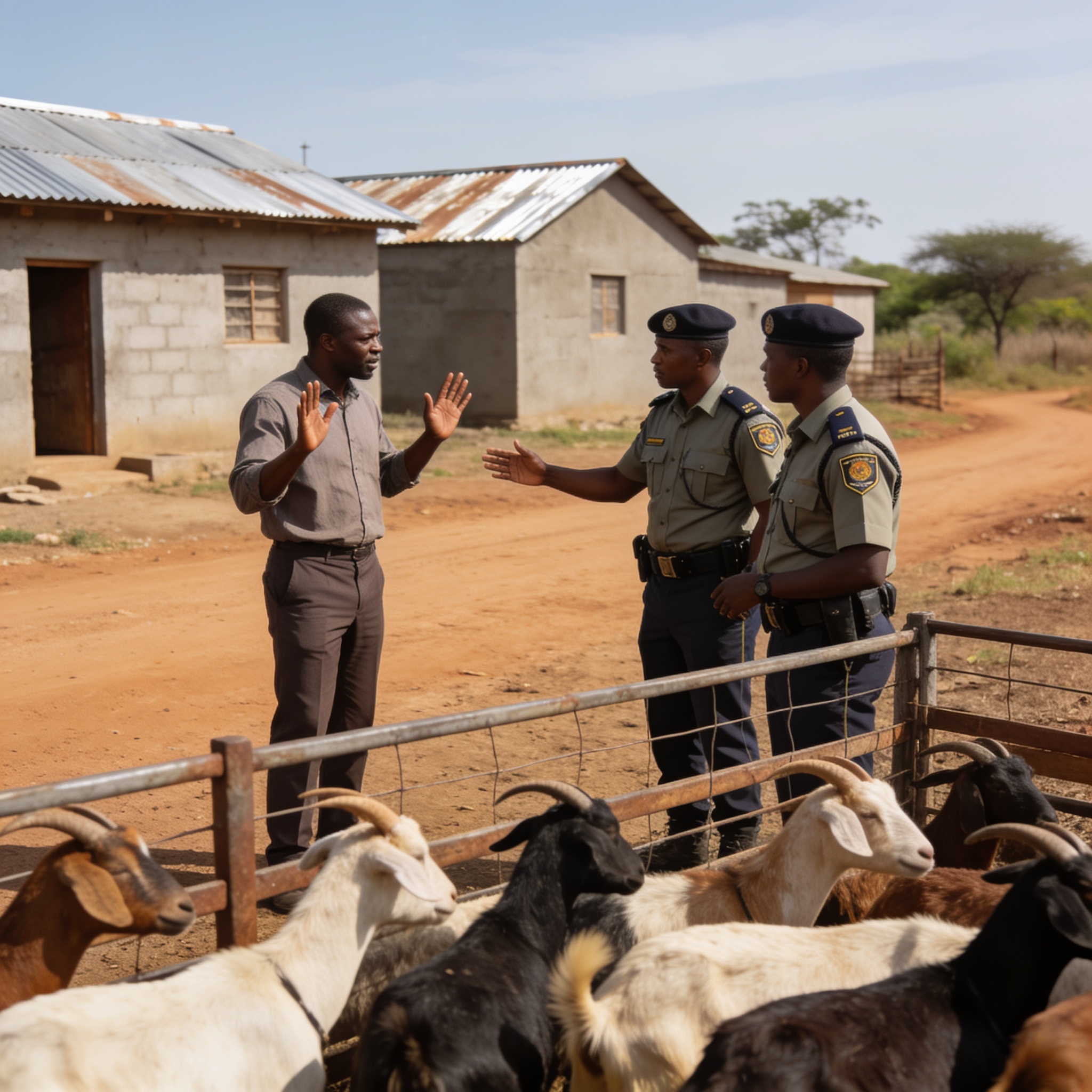 Create an editorial news illustration for an article about 'Chipinge Man Nabbed for Fraudulent Goat Deal'. The specific country is Zimbabwe (ZW); make visual cues accurate to this exact country and avoid flags or symbols of similar countries. Do not