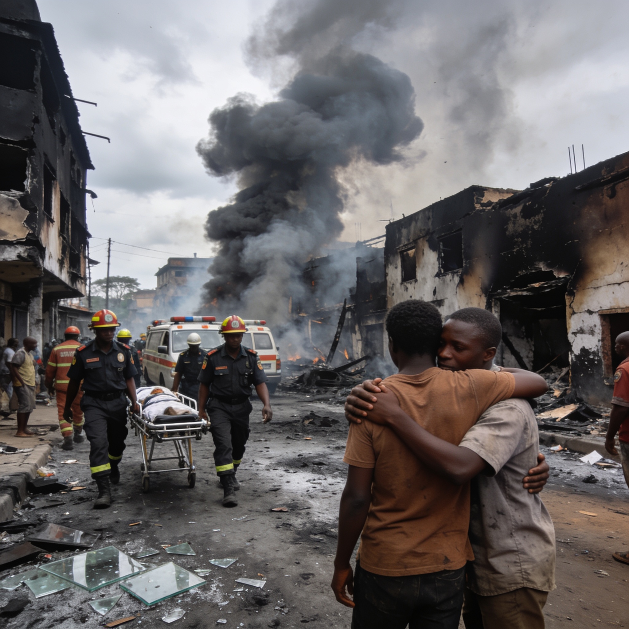 Create an editorial news illustration for an article about 'Chivhu Fire Disaster: 30 Dead as President Declares State of Disaster'. The specific country is Zimbabwe (ZW); make visual cues accurate to this exact country and avoid flags or symbols of s