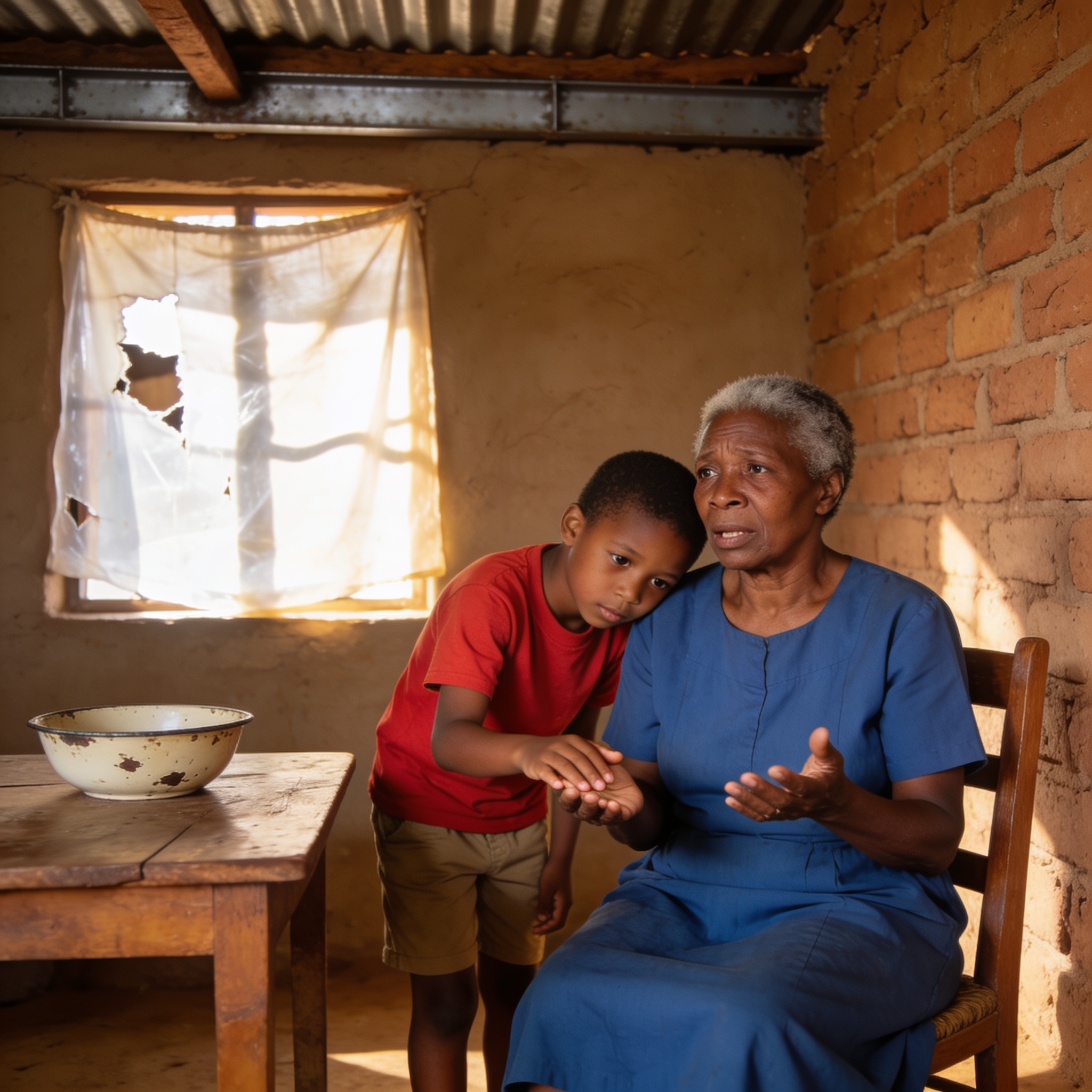 Create an editorial news illustration for an article about 'Dementia in Zimbabwe: When Gogo Forgets Her Own Grandchild'. The specific country is Zimbabwe (ZW); make visual cues accurate to this exact country and avoid flags or symbols of similar coun