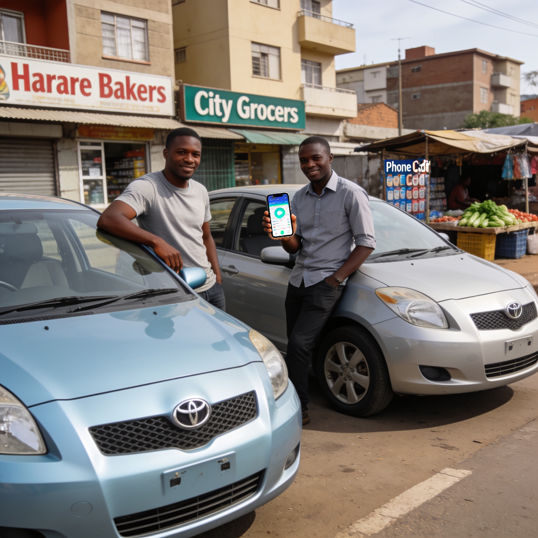 Create an editorial news illustration for an article about 'E-Hailing Operators in Harare Granted Five-Month Moratorium as Government Reviews Regulations'. The specific country is Zimbabwe (ZW); make visual cues accurate to this exact country and avo