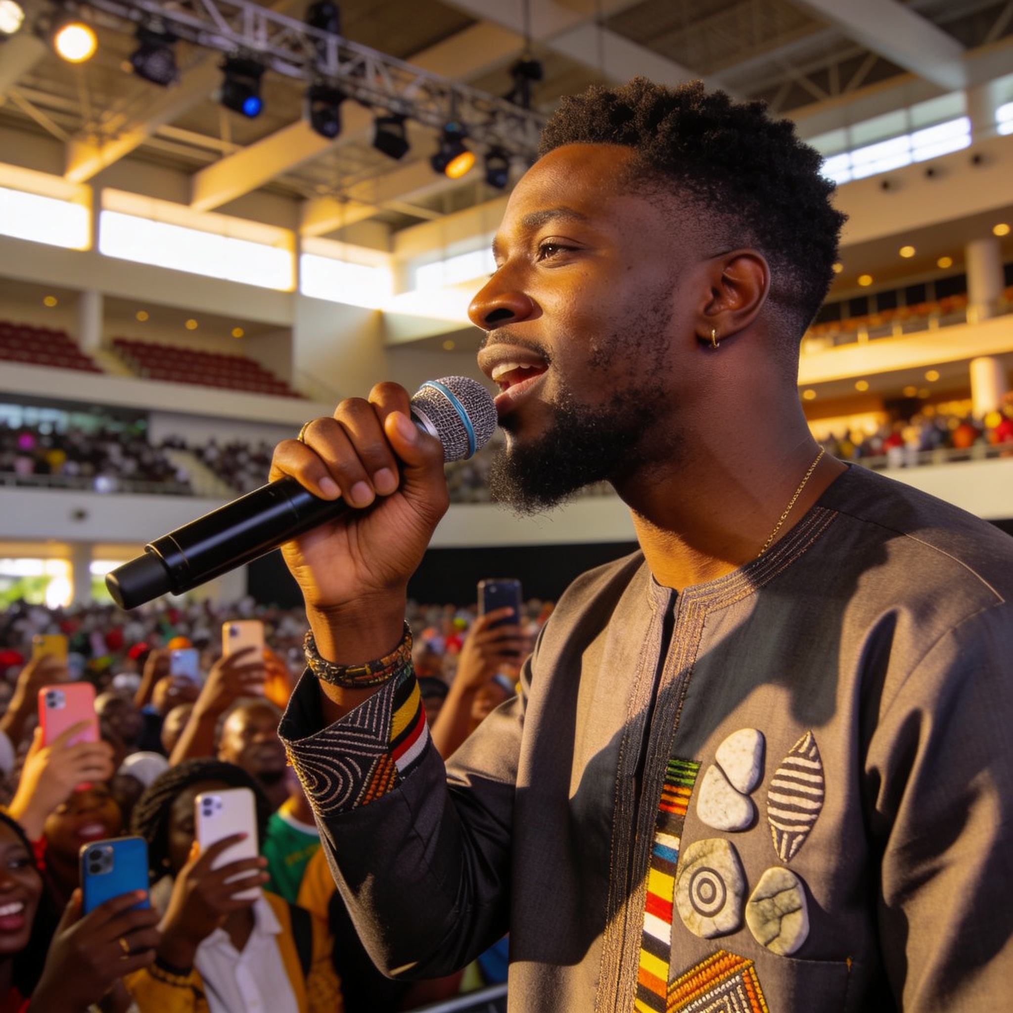 Create an editorial news illustration for an article about 'Feli Nandi Makes History with Sold-Out HICC Concert'. The specific country is Zimbabwe (ZW); make visual cues accurate to this exact country and avoid flags or symbols of similar countries.
