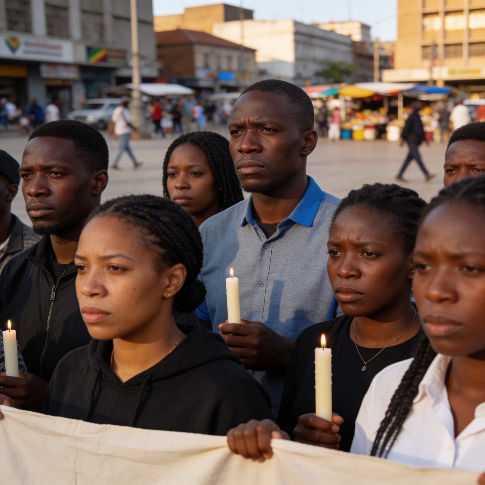Create an editorial news illustration for an article about 'Femicide Crisis: Shamwari Yemwanasikana Urges National Emergency Declaration'. The specific country is Zimbabwe (ZW); make visual cues accurate to this exact country and avoid flags or symbo