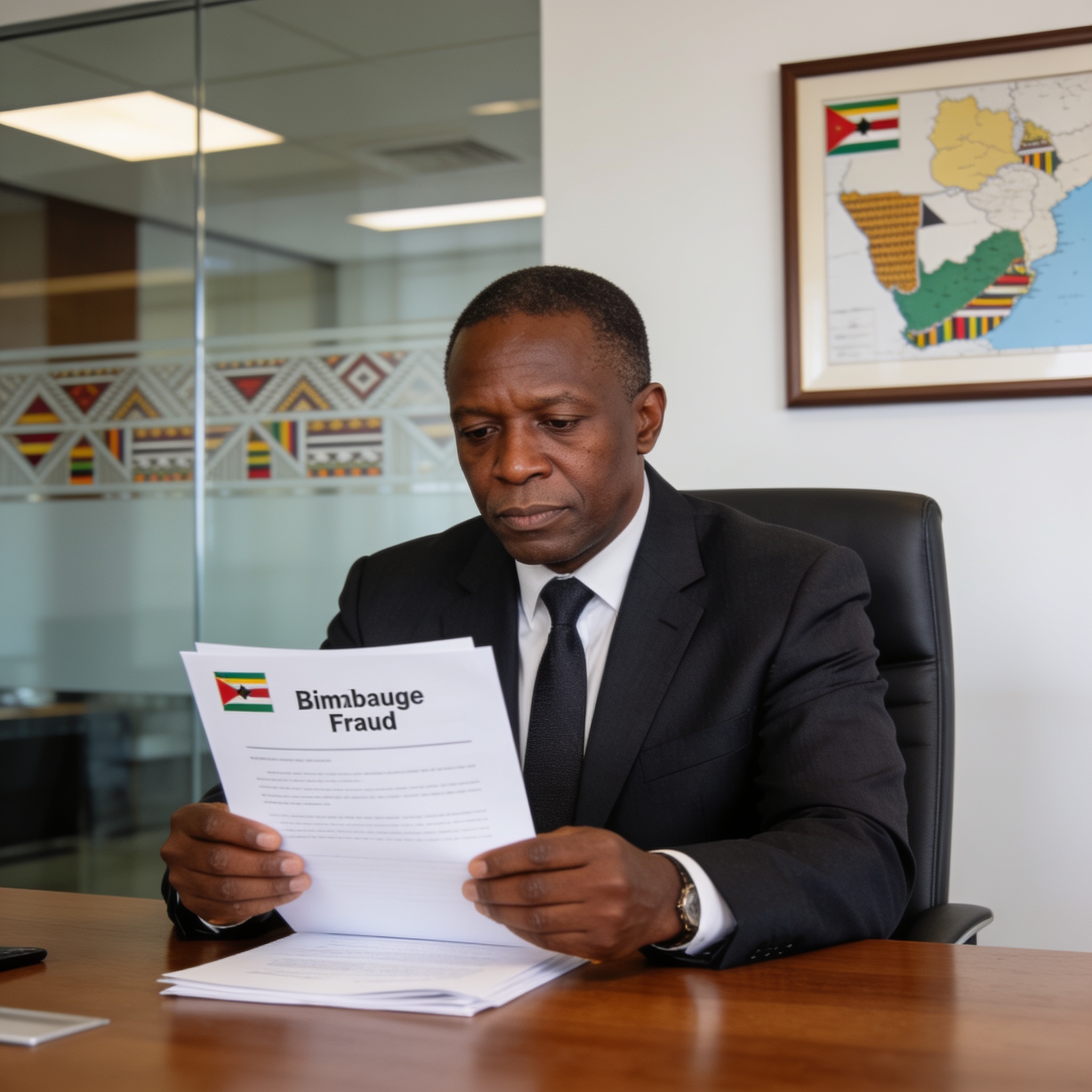 Create an editorial news illustration for an article about 'Former Assa Abloy Zimbabwe MD Found Guilty of US$1.38 Million Treasury Bills Fraud'. The specific country is Zimbabwe (ZW); make visual cues accurate to this exact country and avoid flags or