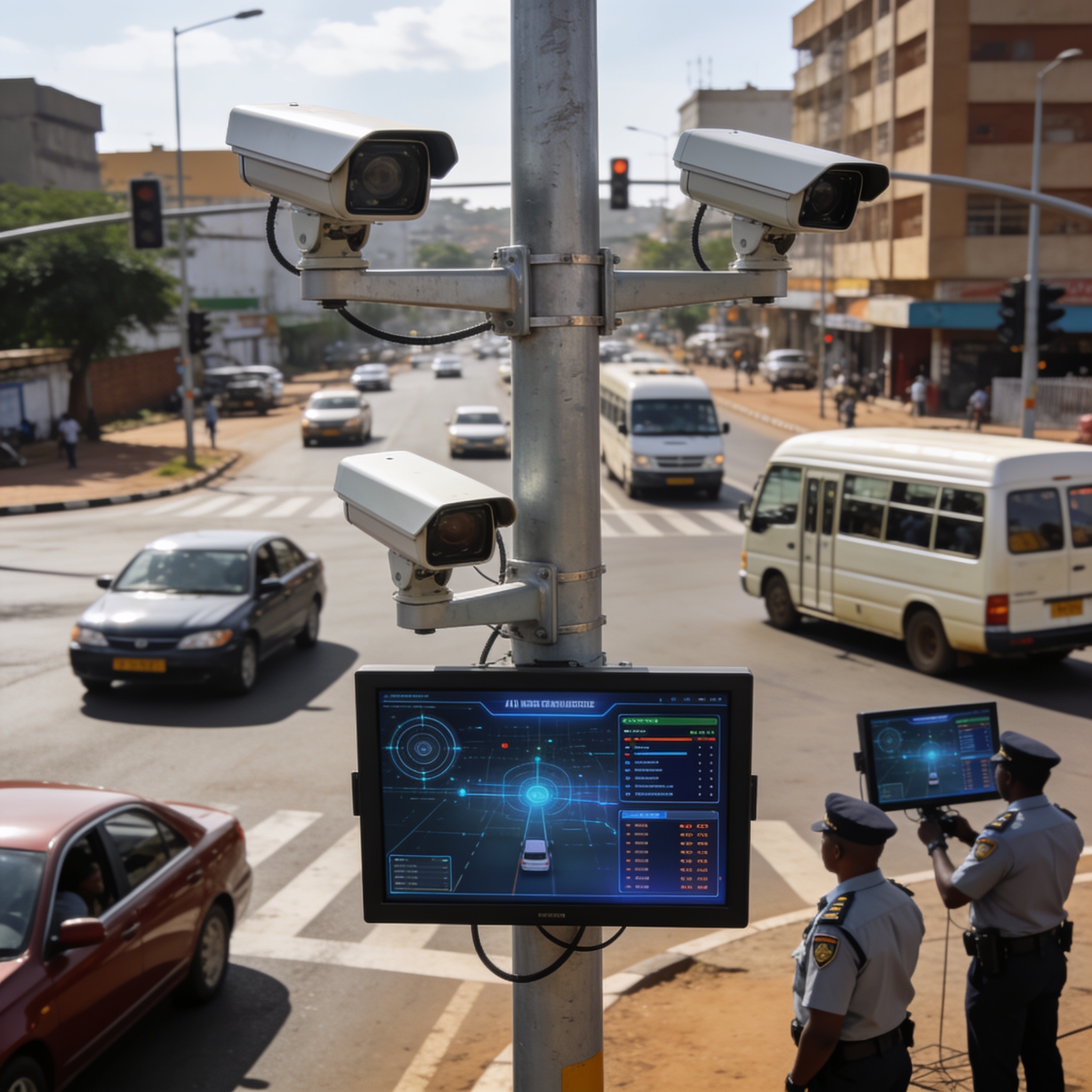Create an editorial news illustration for an article about "Four Million Traffic Violations Caught on Camera as Zimbabwe's AI Enforcement Net Tightens". The specific country is Zimbabwe (ZW); make visual cues accurate to this exact country and avoid