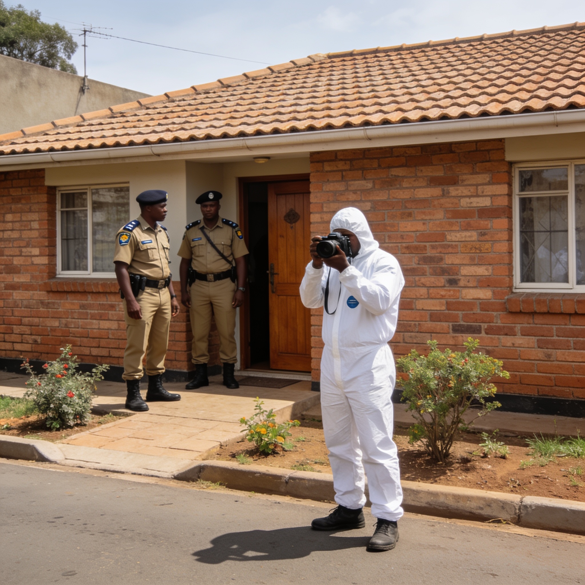 Create an editorial news illustration for an article about 'Glenview couple found dead in their Harare home as police open investigation'. The specific country is Zimbabwe (ZW); make visual cues accurate to this exact country and avoid flags or symbo