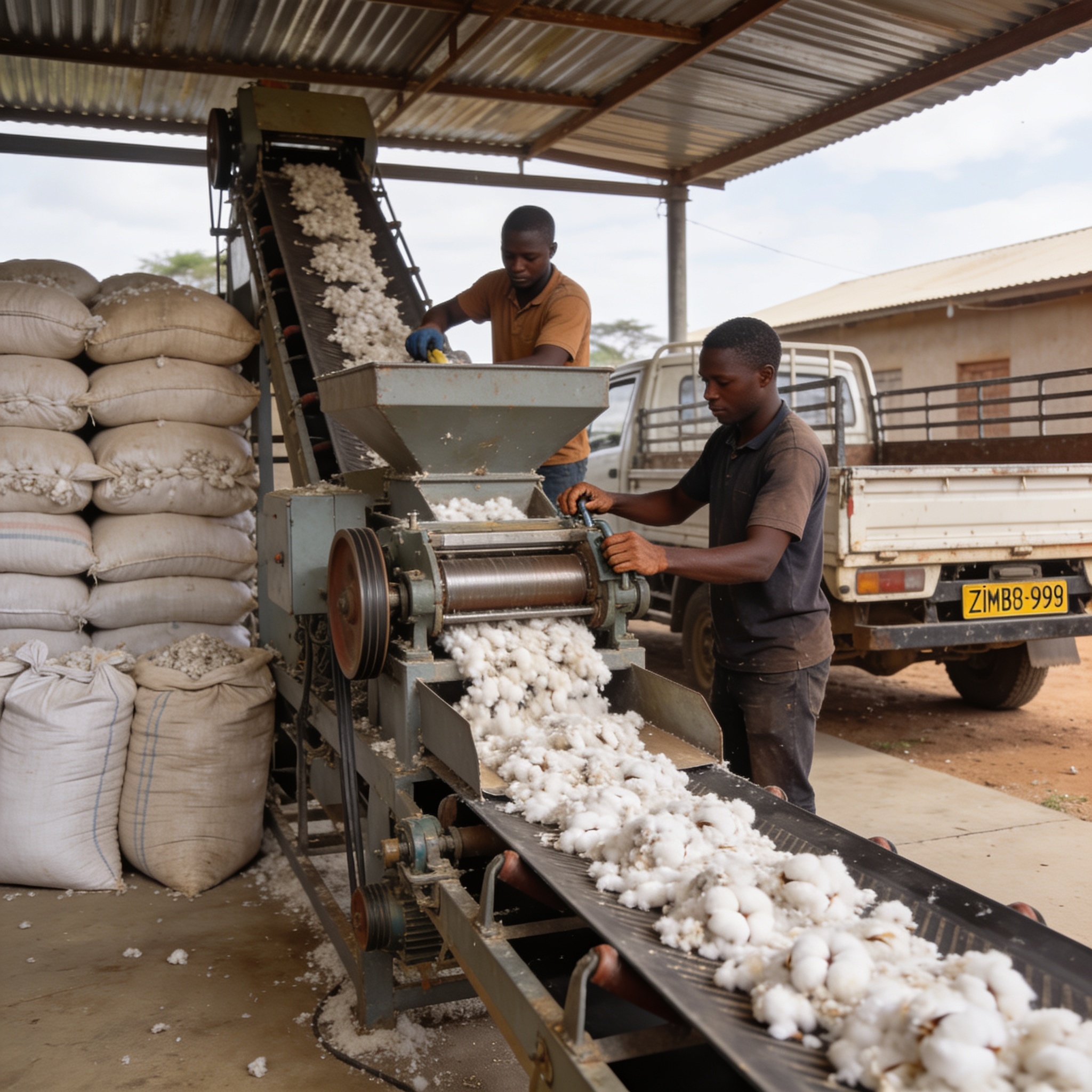 Create an editorial news illustration for an article about 'Gokwe Cottonseed Processing Sparks New Rural Economy as Value Addition Expands'. The specific country is Zimbabwe (ZW); make visual cues accurate to this exact country and avoid flags or sym