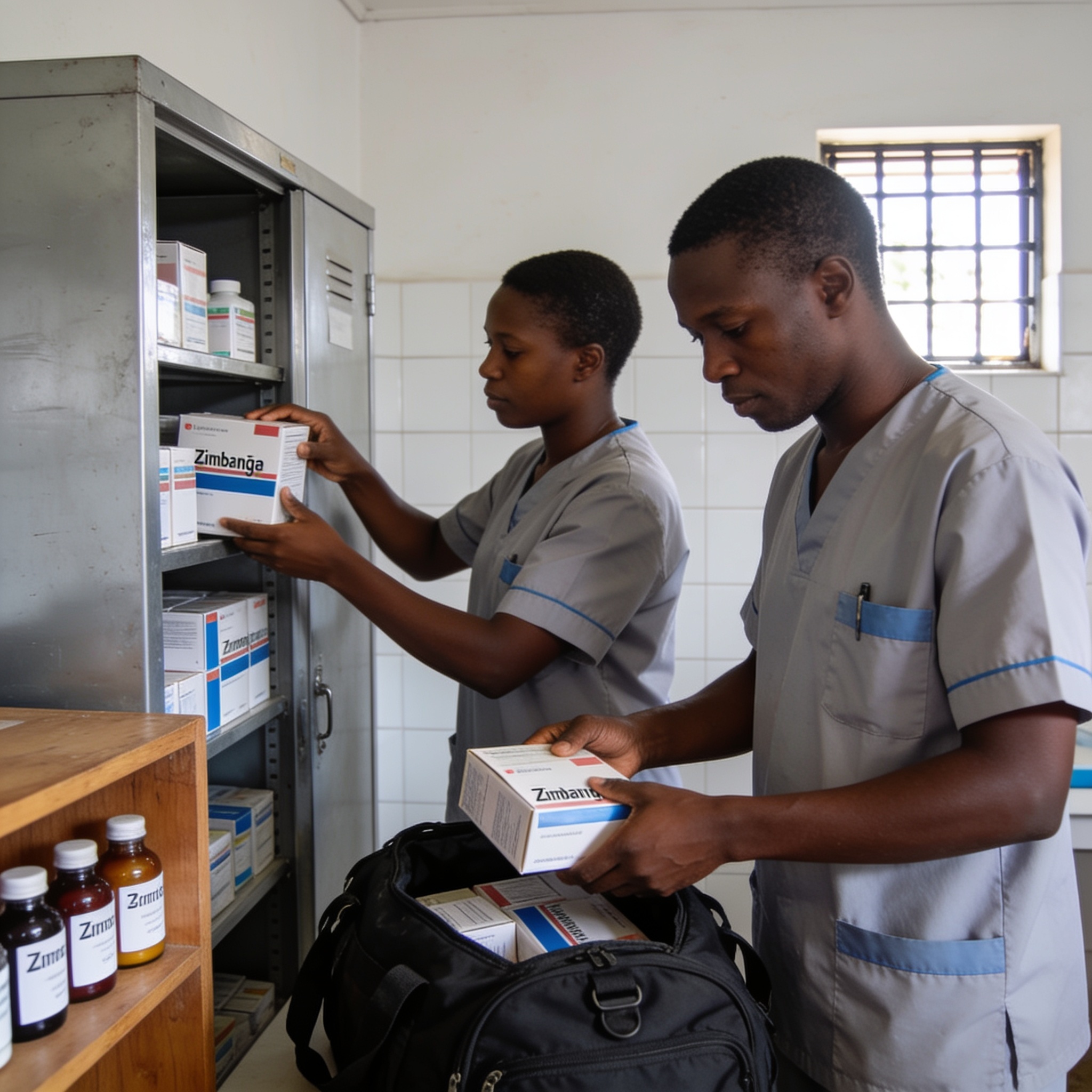 Create an editorial news illustration for an article about 'Govt Losing Millions as Health Workers Steal Medicines for Resale – Deputy Minister'. The specific country is Zimbabwe (ZW); make visual cues accurate to this exact country and avoid flags o