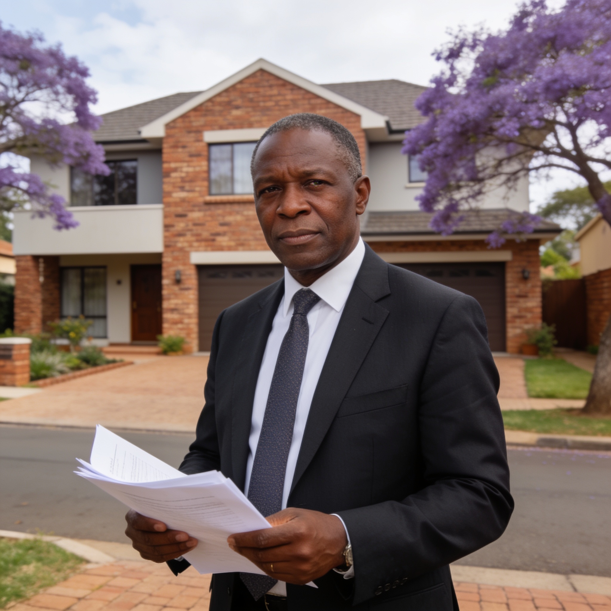 Create an editorial news illustration for an article about 'Guvamatanga Faces Fresh Scrutiny Over Borrowdale Brooke Property Claims'. The specific country is Zimbabwe (ZW); make visual cues accurate to this exact country and avoid flags or symbols of