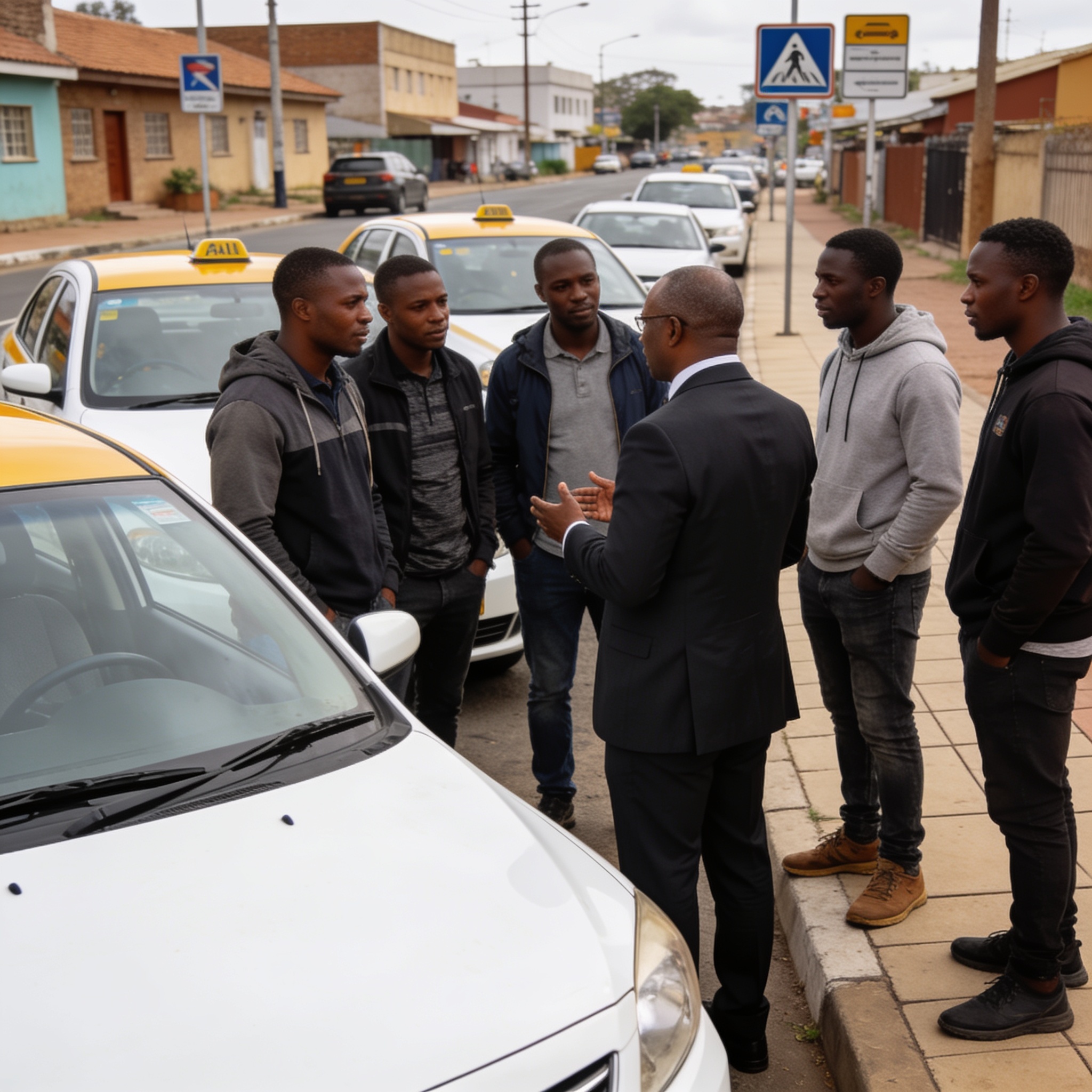 Create an editorial news illustration for an article about 'Harare City Council Drafts E-Hailing Rules as Mayor Calls for Revenue Sharing with inDrive Drivers'. The specific country is Zimbabwe (ZW); make visual cues accurate to this exact country an
