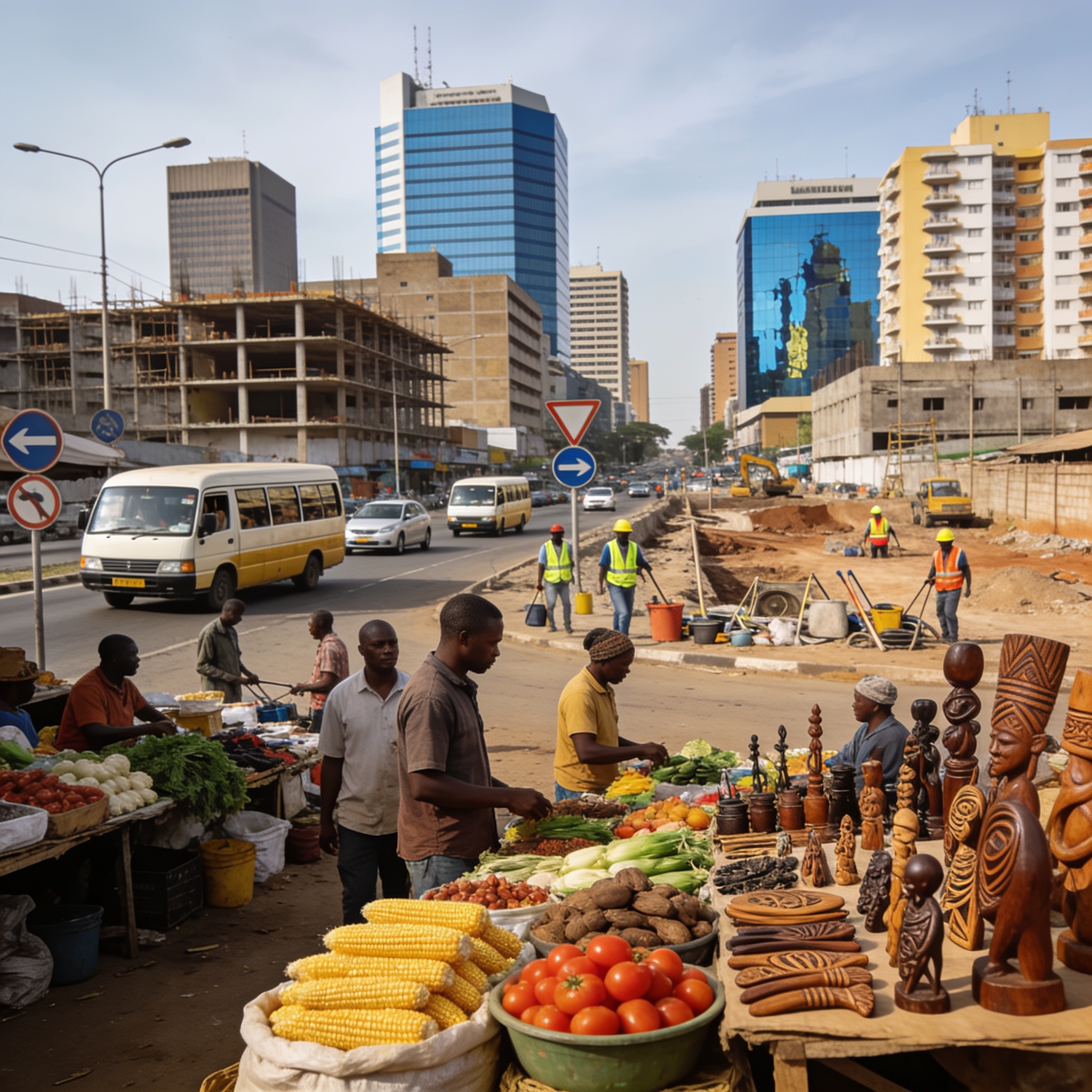 Create an editorial news illustration for an article about "Harare Express Brief: Zimbabwe's Trade Gains, Labour Rights and Municipal Strain". The specific country is Zimbabwe (ZW); make visual cues accurate to this exact country and avoid flags or s