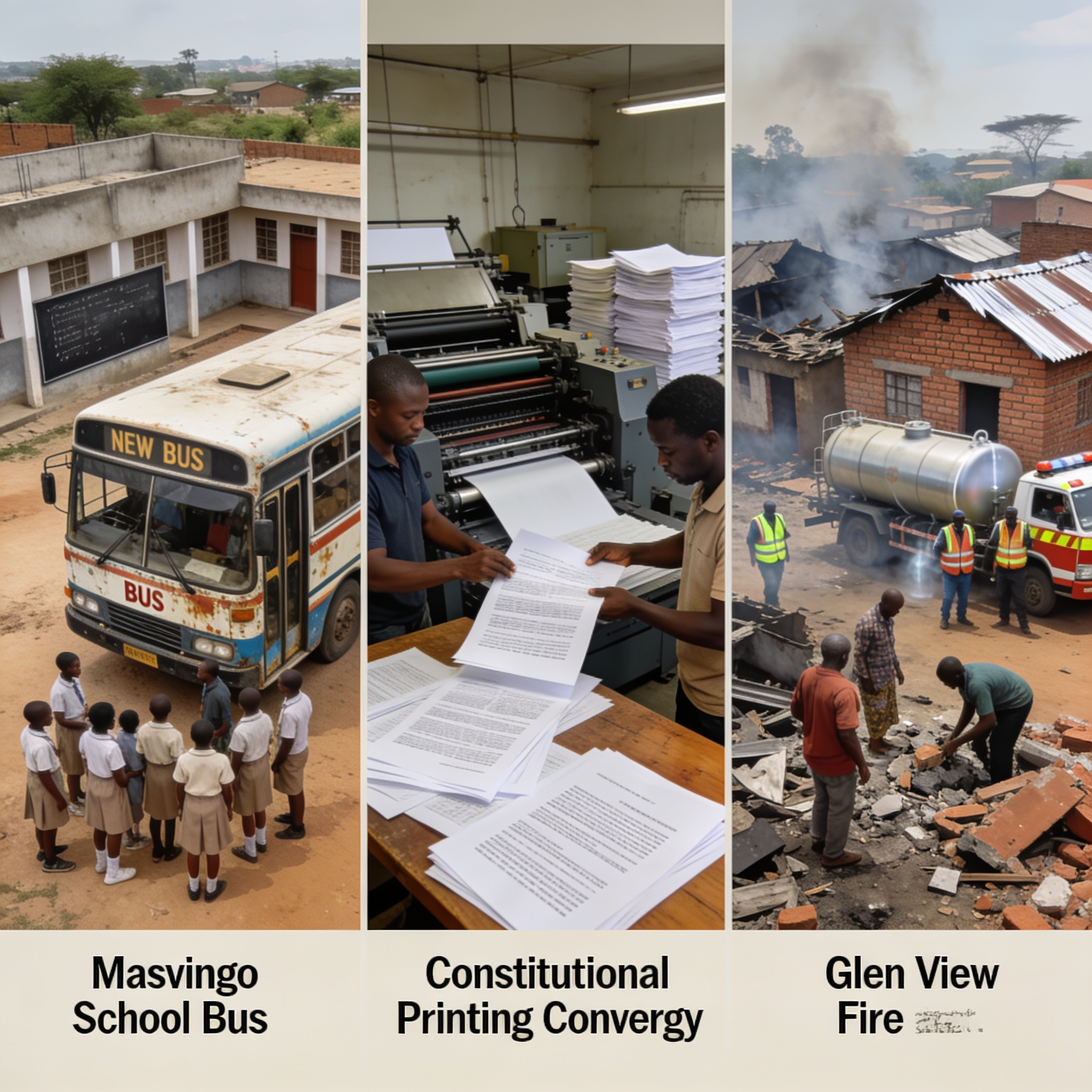 Create an editorial news illustration for an article about 'Harare Express Digest: Masvingo School’s Historic Bus Purchase, Constitutional Printing Controversy, and Glen View Fire Aftermath'. The specific country is Zimbabwe (ZW); make visual cues ac