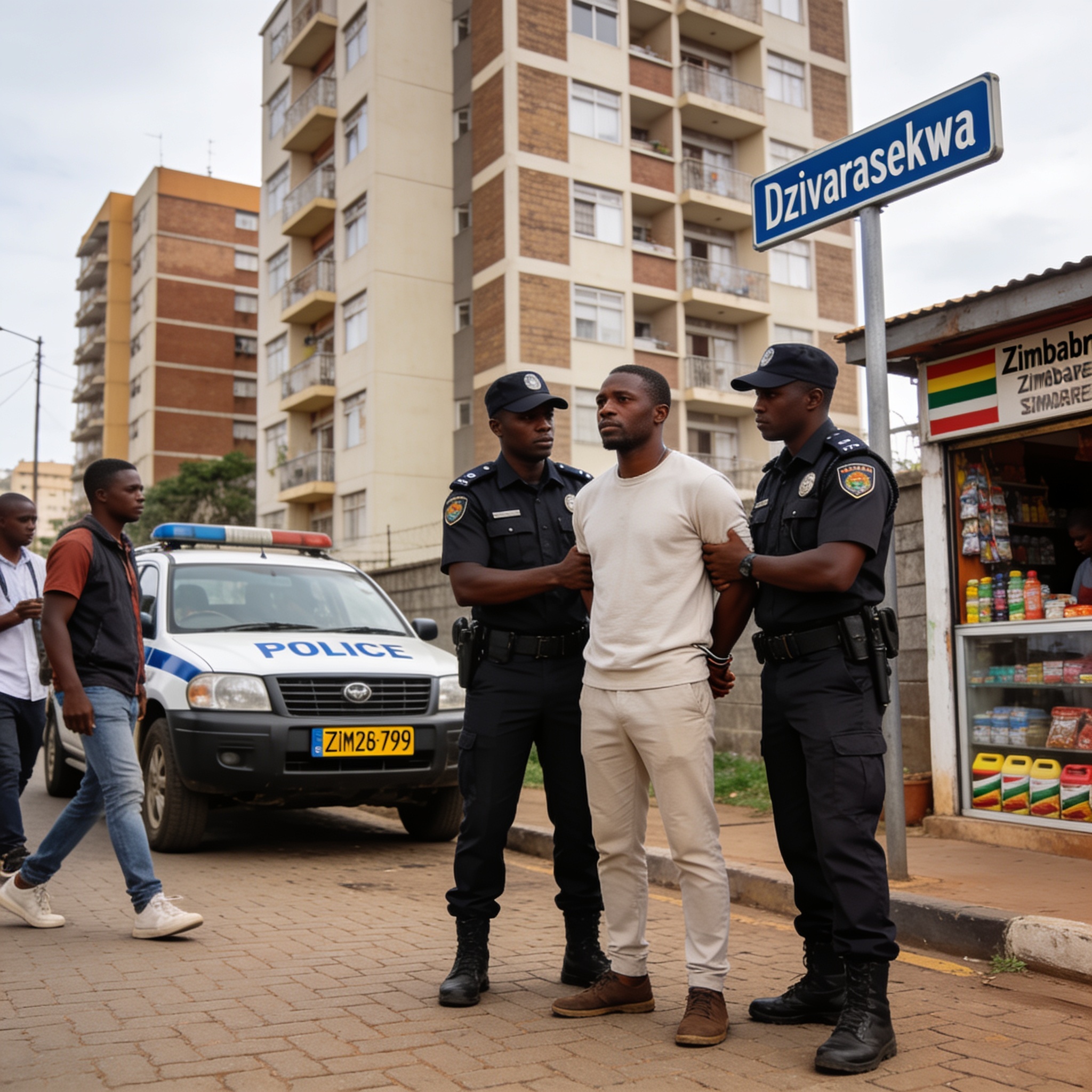Create an editorial news illustration for an article about "Harare Man Arrested Over Wife's Murder as Police Probe Separate Dzivarasekwa Killing". The specific country is Zimbabwe (ZW); make visual cues accurate to this exact country and avoid flags