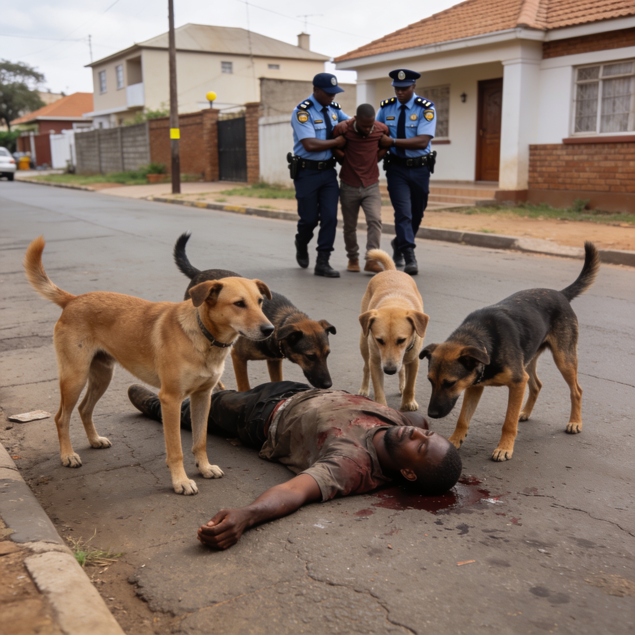 Create an editorial news illustration for an article about 'Harare Man Killed by Four Dogs in Southerton as Two Arrested'. The specific country is Zimbabwe (ZW); make visual cues accurate to this exact country and avoid flags or symbols of similar co