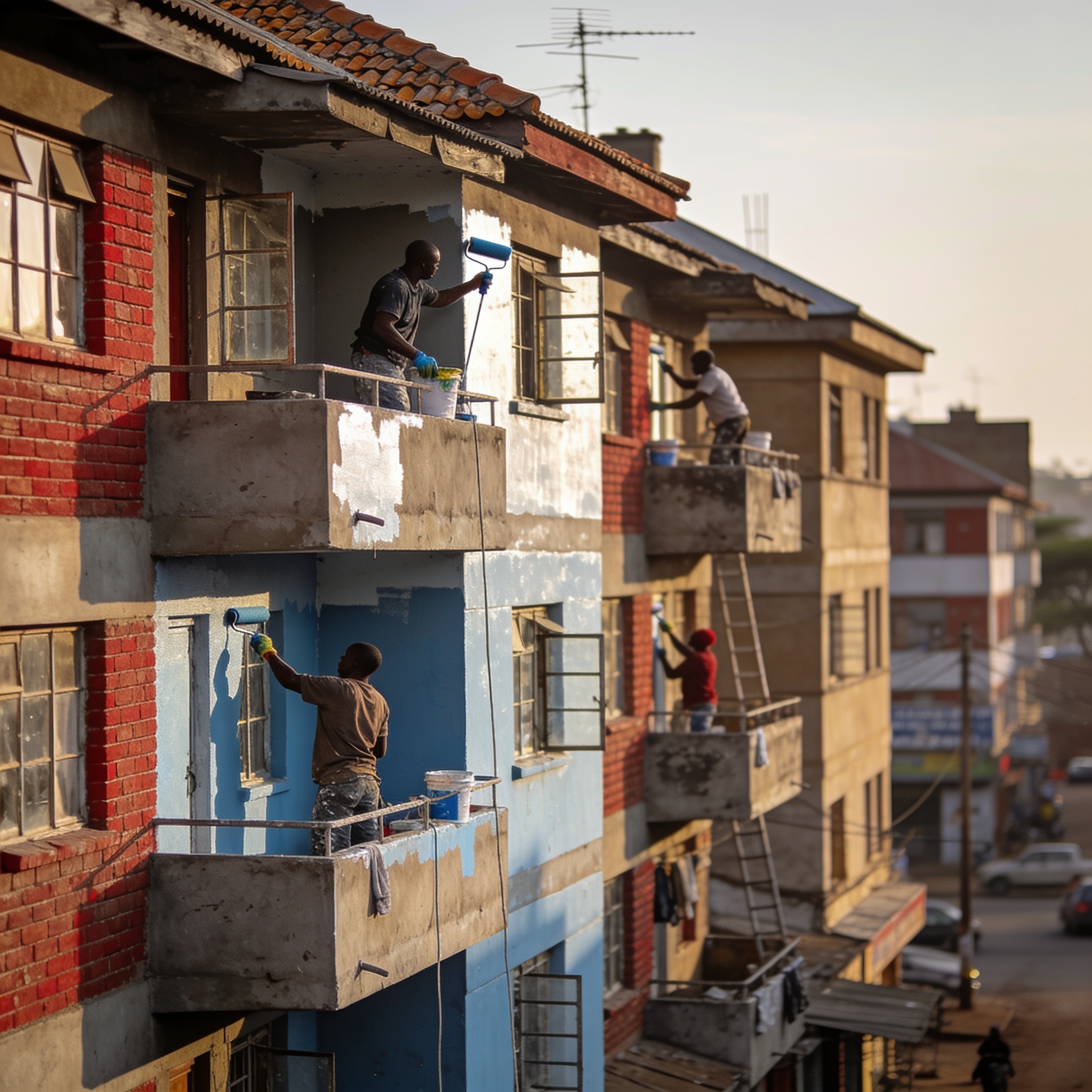 Create an editorial news illustration for an article about 'Harare Orders Property Owners to Spruce Up Buildings as Housing Pressure Grows'. The specific country is Zimbabwe (ZW); make visual cues accurate to this exact country and avoid flags or sym