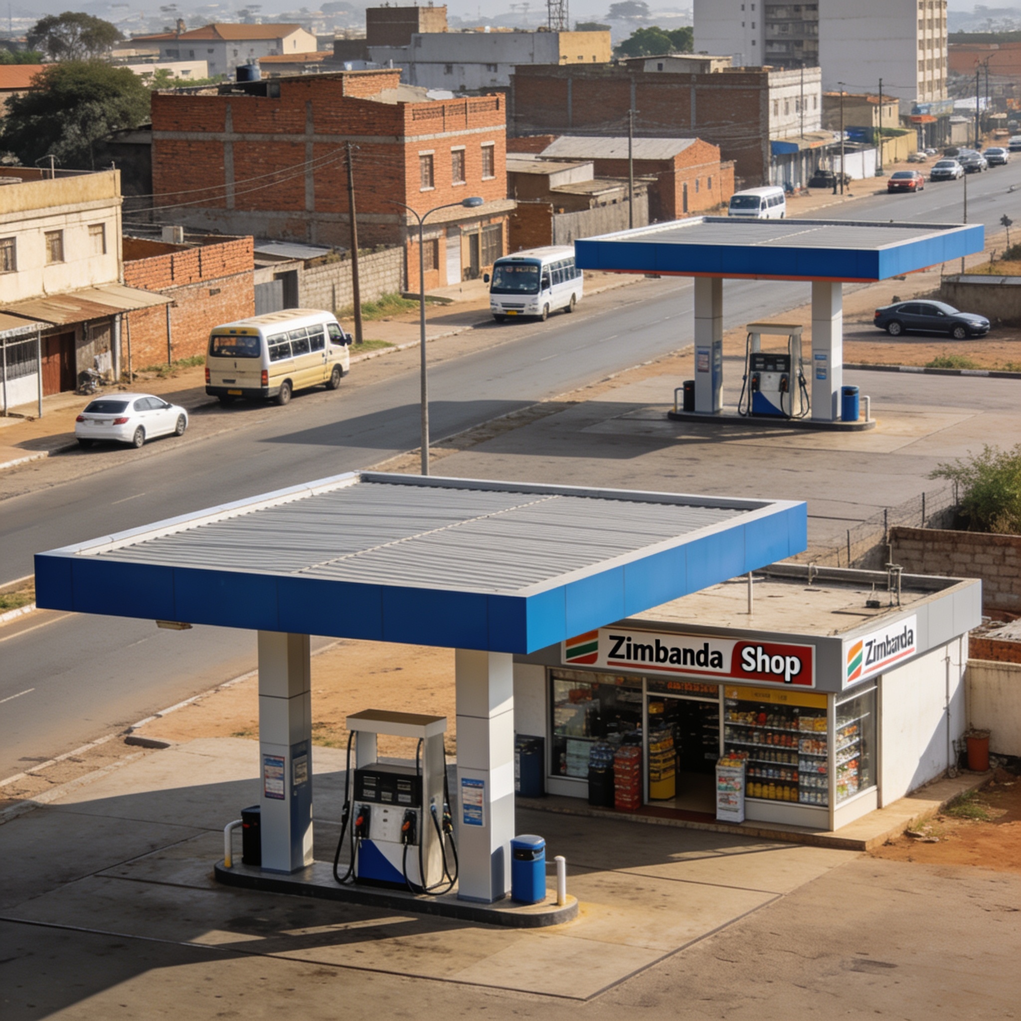 Create an editorial news illustration for an article about 'Harare Sets 1.5km Minimum Distance for New Fuel Stations'. The specific country is Zimbabwe (ZW); make visual cues accurate to this exact country and avoid flags or symbols of similar countr