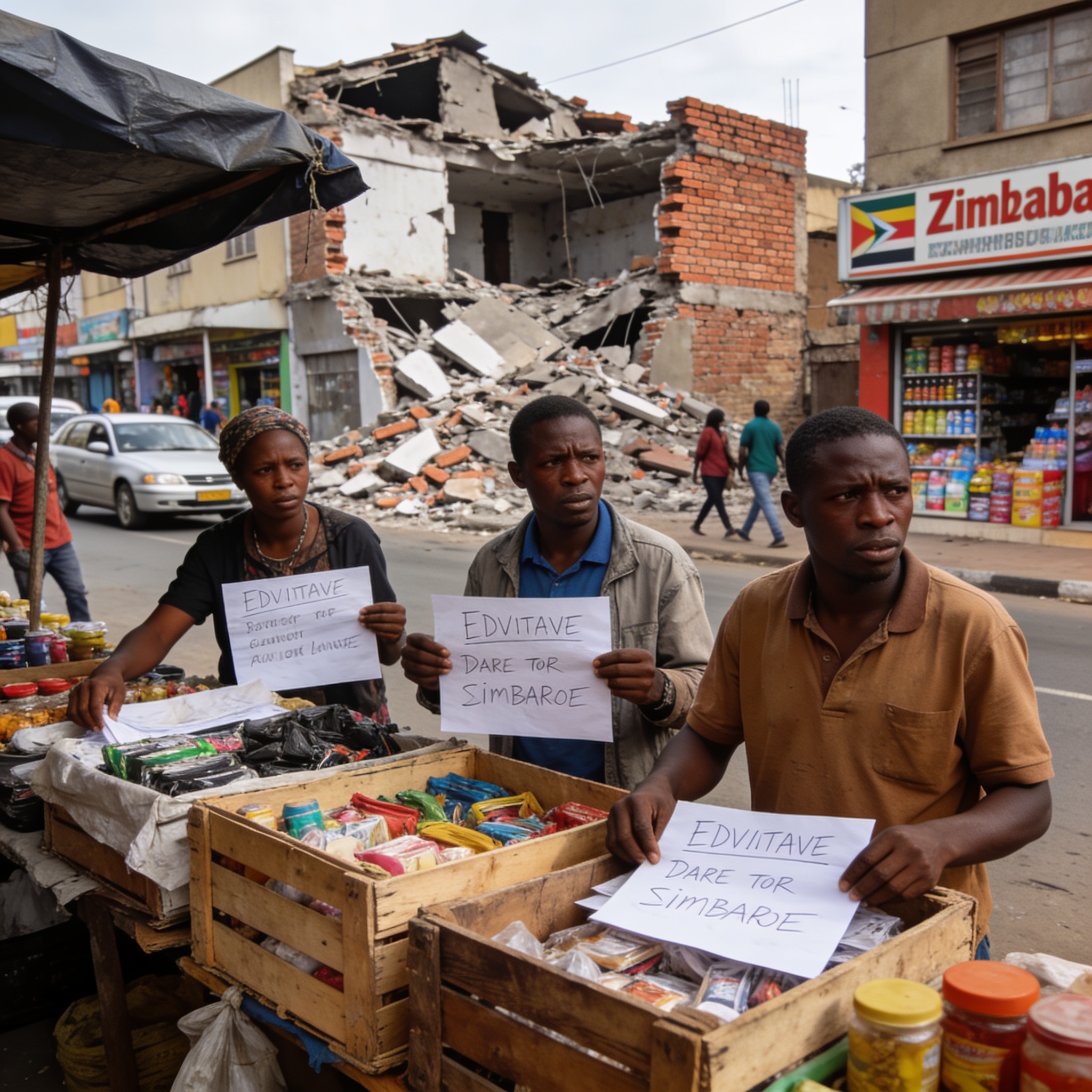Create an editorial news illustration for an article about 'Harare Street Vendors Face 9 September Eviction Deadline as Demolitions Spark Political Outcry'. The specific country is Zimbabwe (ZW); make visual cues accurate to this exact country and av