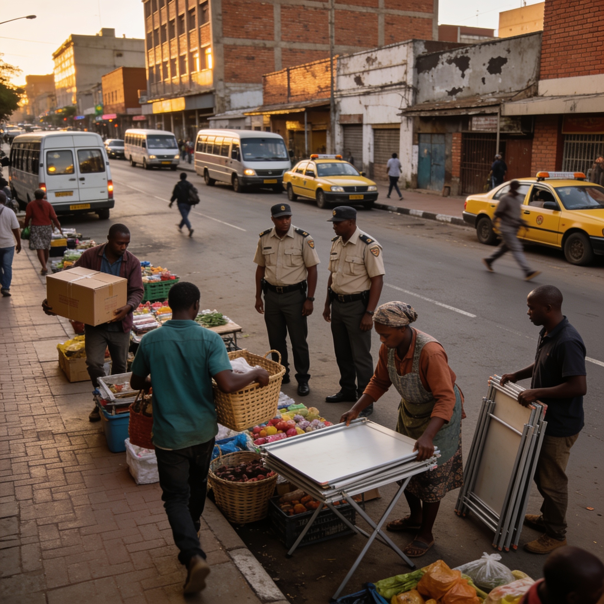 Create an editorial news illustration for an article about 'Harare Vendors Hit 6pm Deadline as Government Widens CBD Clean-Up Crackdown'. The specific country is Zimbabwe (ZW); make visual cues accurate to this exact country and avoid flags or symbol