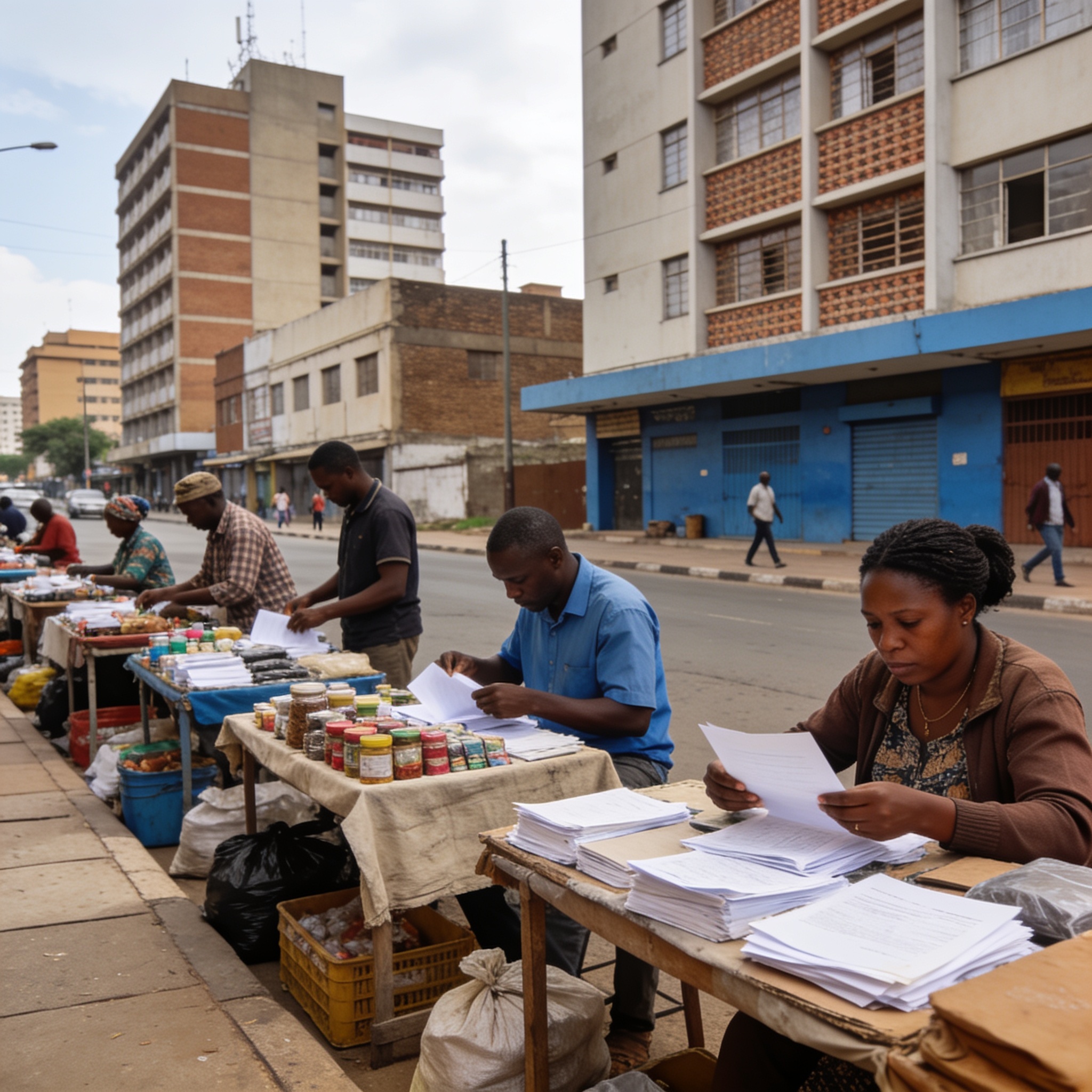 Create an editorial news illustration for an article about "Harare's Vendors Get 60 Days to Go Legal as City Clean-Up Orders Bite". The specific country is Zimbabwe (ZW); make visual cues accurate to this exact country and avoid flags or symbols of s