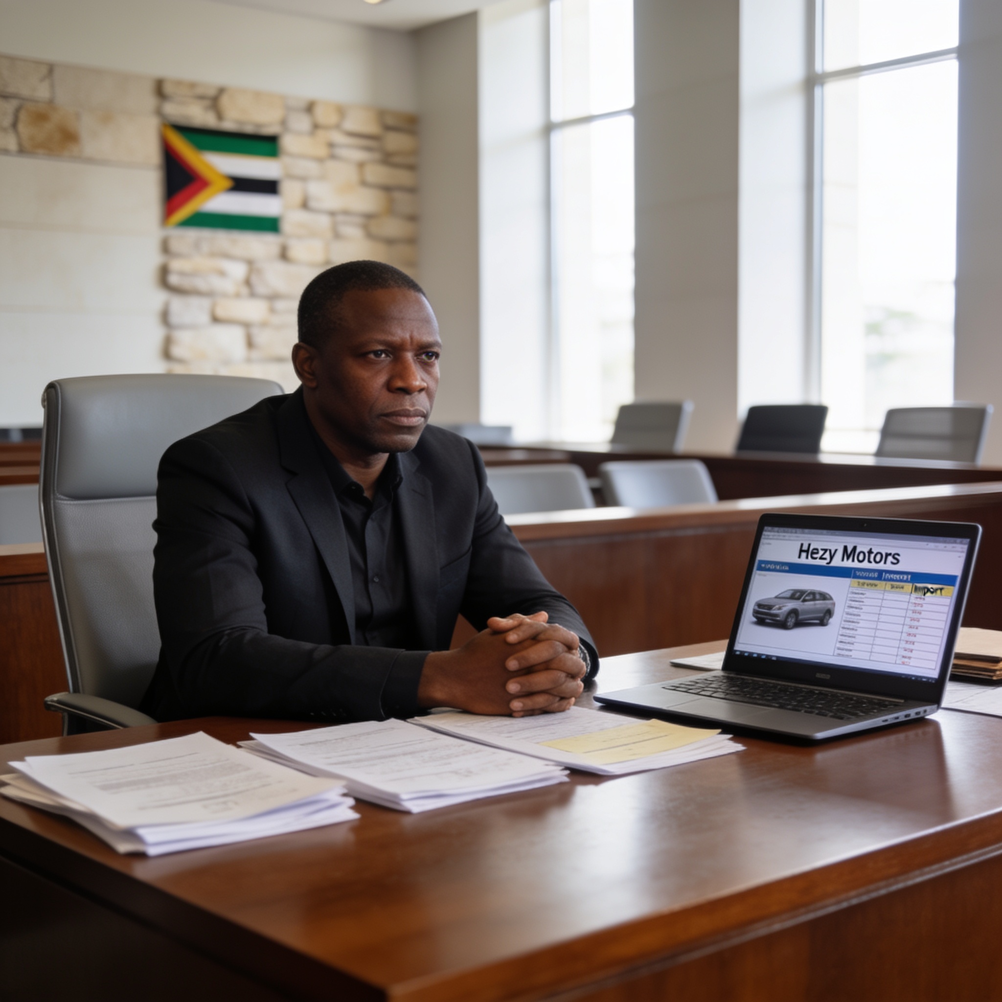 Create an editorial news illustration for an article about 'Hezy Motors Founder Denied Bail in US$1 Million Vehicle Import Scam'. The specific country is Zimbabwe (ZW); make visual cues accurate to this exact country and avoid flags or symbols of sim