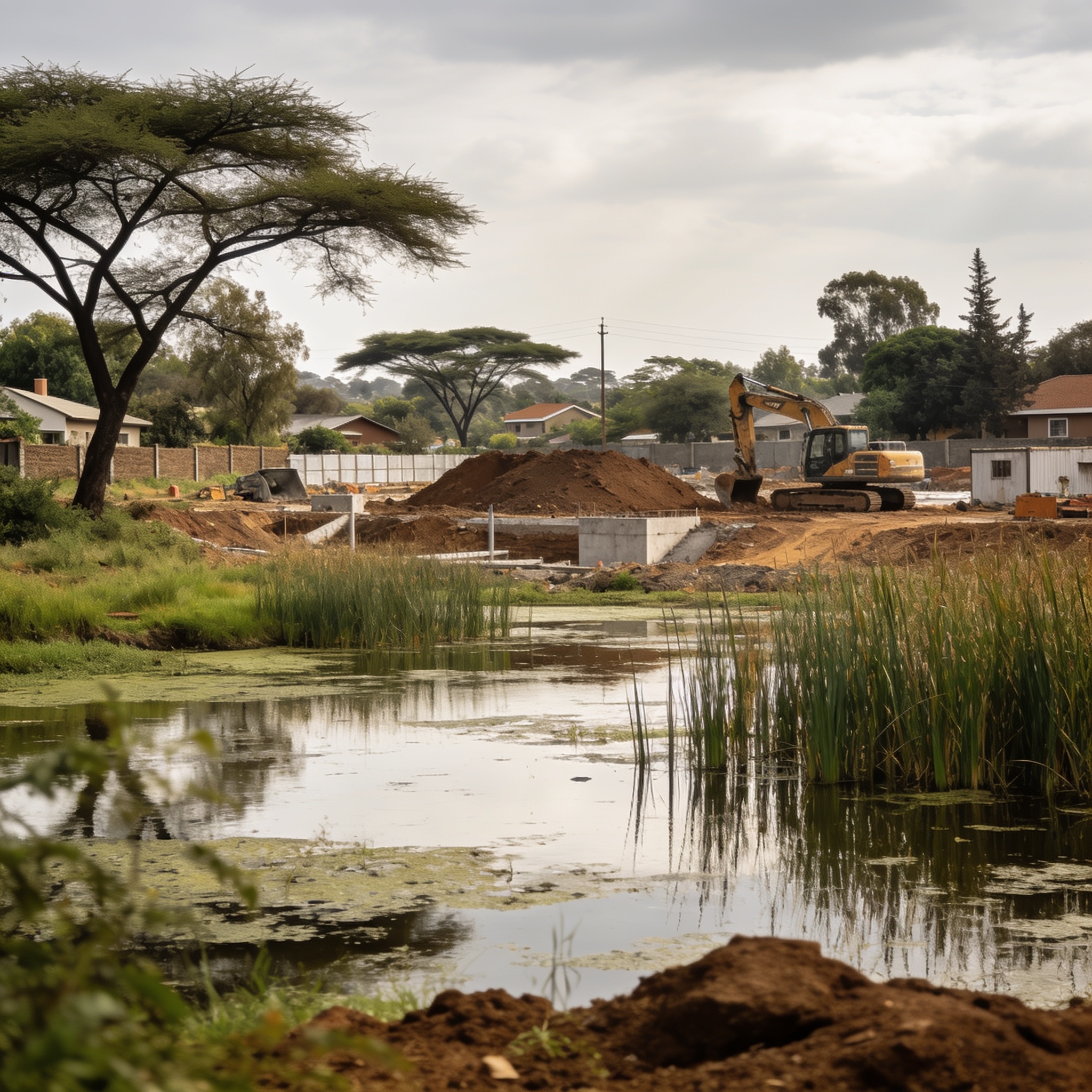 Create an editorial news illustration for an article about 'High Court Halts Chinese Developer’s Wetland Construction in Harare’s Glen Lorne'. The specific country is Zimbabwe (ZW); make visual cues accurate to this exact country and avoid flags or s