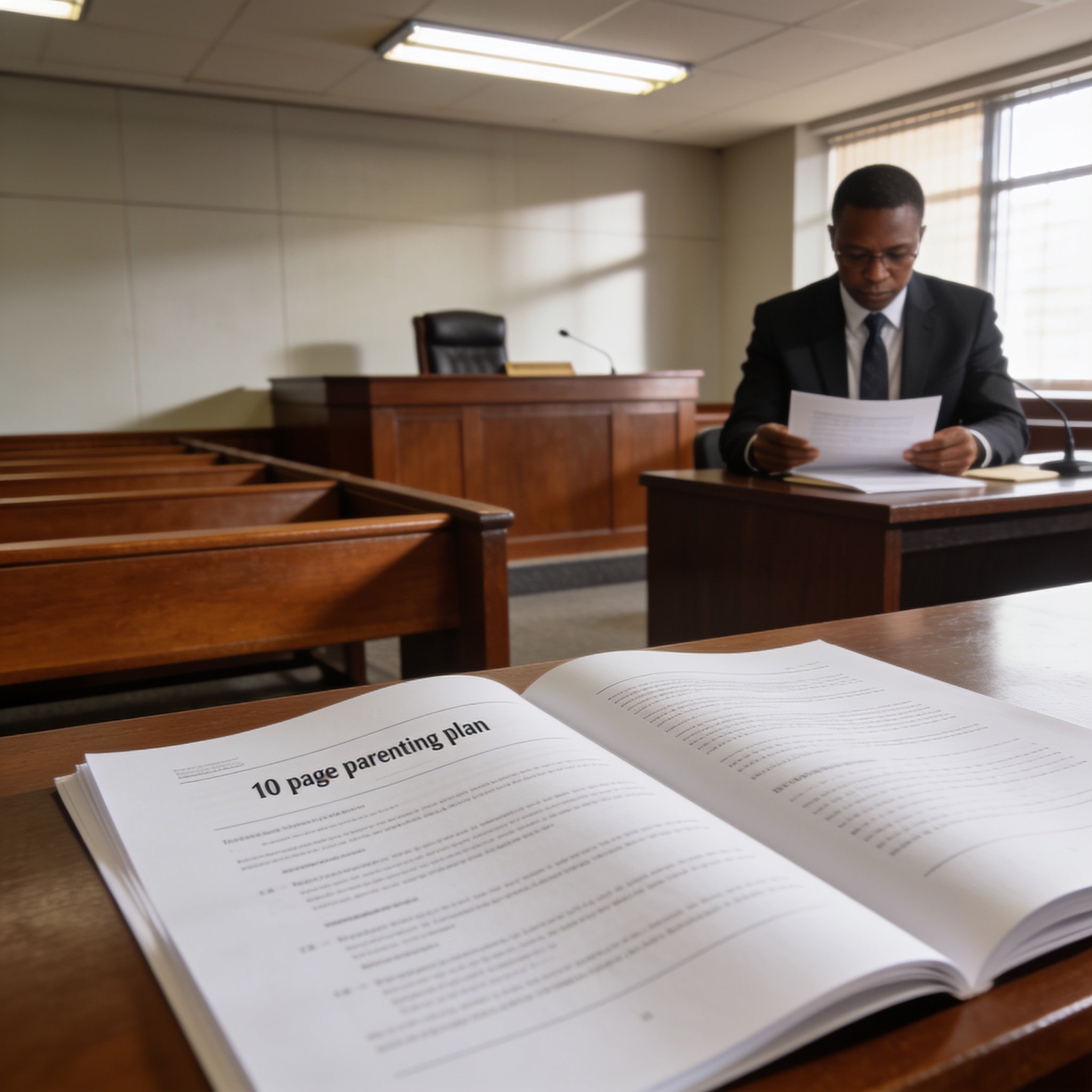 Create an editorial news illustration for an article about 'High Court Strikes Off Divorce Case Over 10-Page Parenting Plan'. The specific country is Zimbabwe (ZW); make visual cues accurate to this exact country and avoid flags or symbols of similar