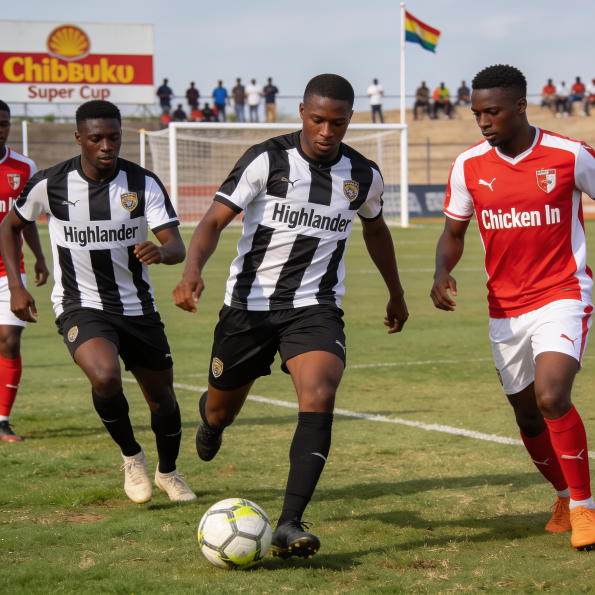 Create an editorial news illustration for an article about 'Highlanders and Chicken Inn brace for Chibuku Super Cup derby redemption'. The specific country is Zimbabwe (ZW); make visual cues accurate to this exact country and avoid flags or symbols o