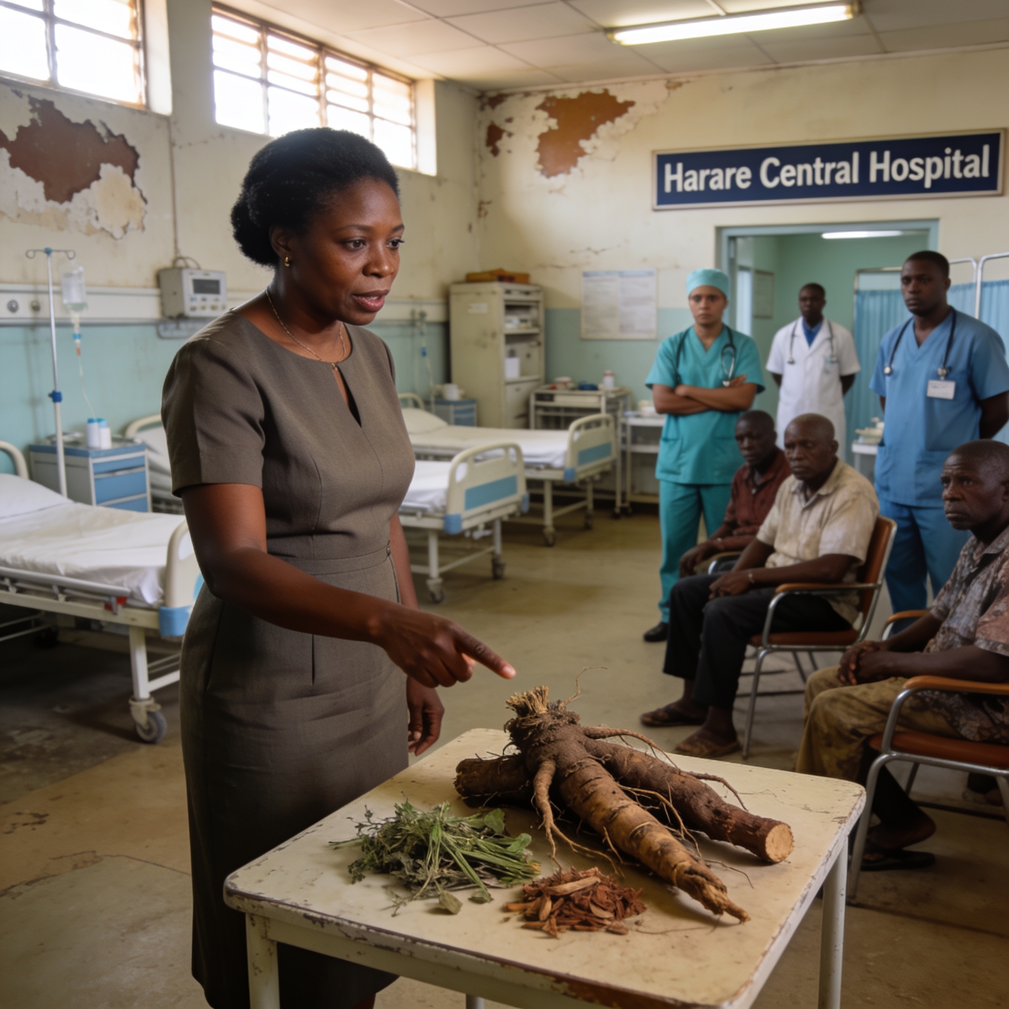 Create an editorial news illustration for an article about 'Hospitals Run Dry, First Lady Says ‘Chew Roots’: Zimbabwe’s Day of Stark Contrasts'. The specific country is Zimbabwe (ZW); make visual cues accurate to this exact country and avoid flags or