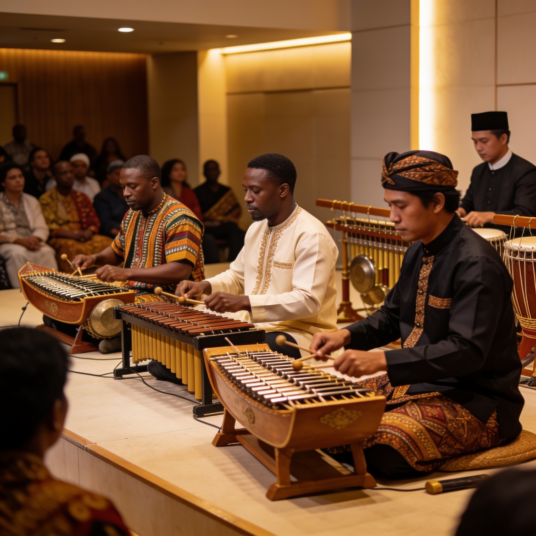 Create an editorial news illustration for an article about 'Indonesia and Zimbabwe Mark 40 Years of Friendship with Bulawayo Musical Showcase'. The specific country is Zimbabwe (ZW); make visual cues accurate to this exact country and avoid flags or