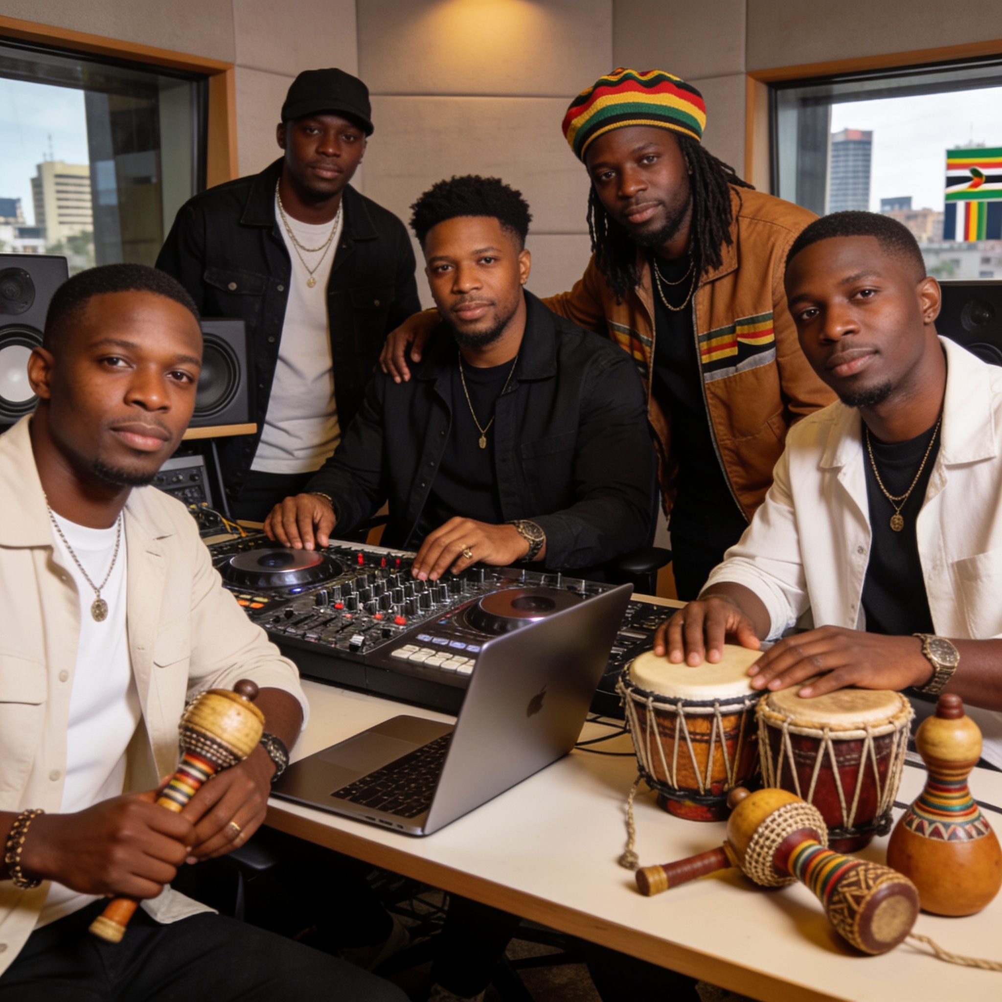Create an editorial news illustration for an article about "Inner Visions: Zimbabwe's Afro House Stars Unite for Landmark Compilation". The specific country is Zimbabwe (ZW); make visual cues accurate to this exact country and avoid flags or symbols