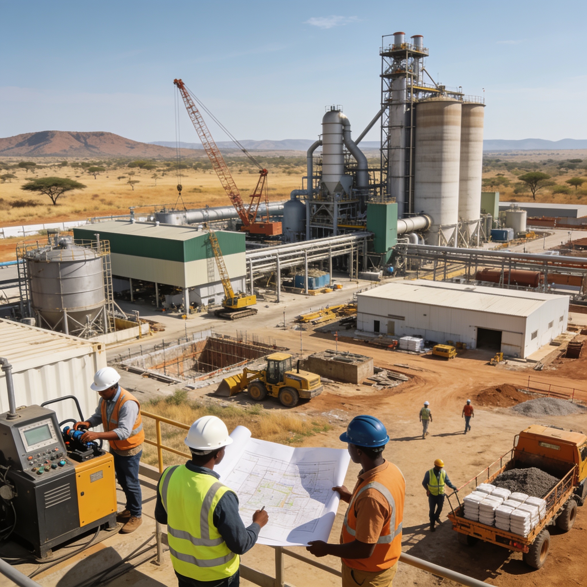 Create an editorial news illustration for an article about 'Inside Beitbridge’s US$3.6 Billion Palm River SEZ: Jobs, Power and Fertiliser Ambitions'. The specific country is Zimbabwe (ZW); make visual cues accurate to this exact country and avoid fla