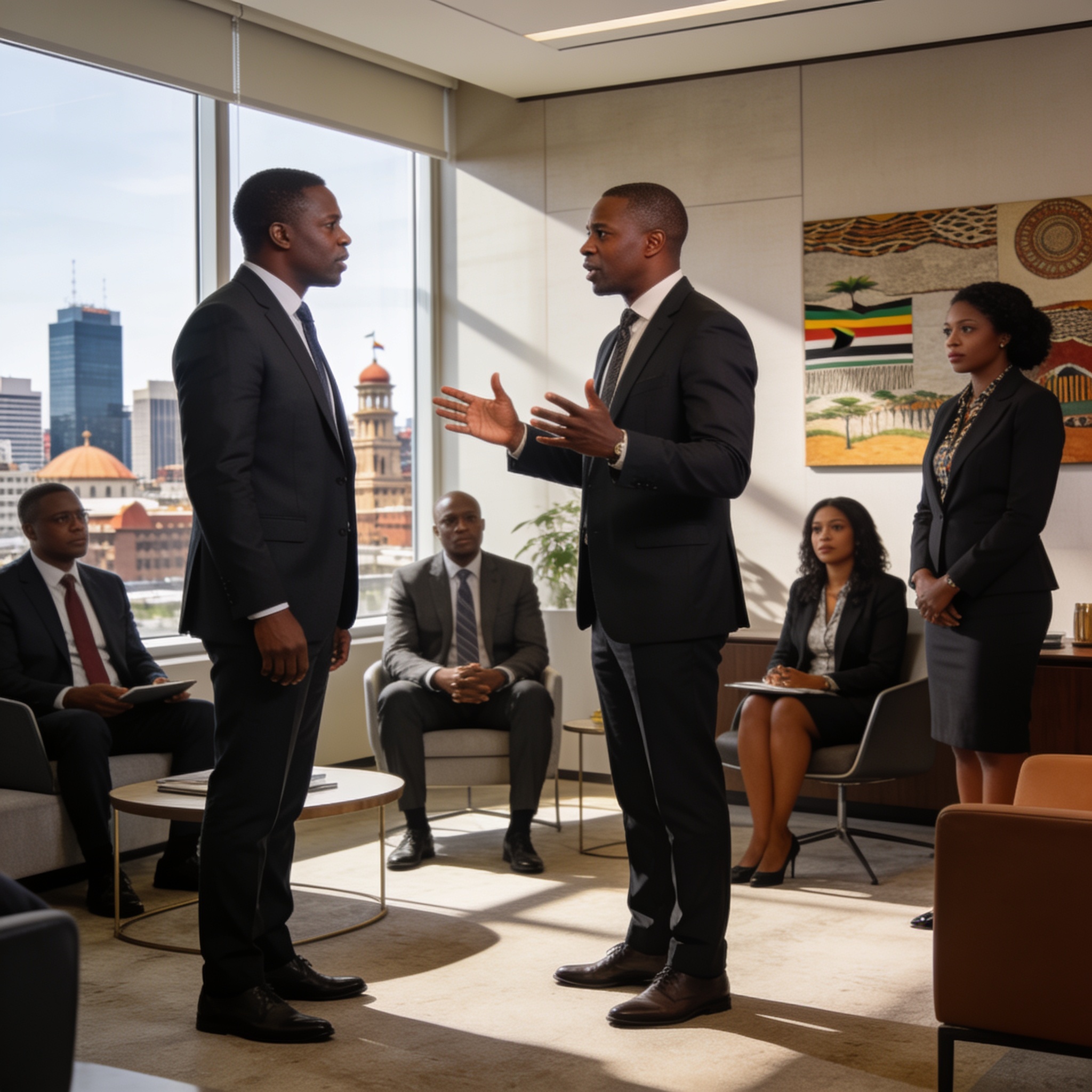 Create an editorial news illustration for an article about 'Mahere Warns Professionals Over Chivayo Gifts as Uriri Says No'. The specific country is Zimbabwe (ZW); make visual cues accurate to this exact country and avoid flags or symbols of similar