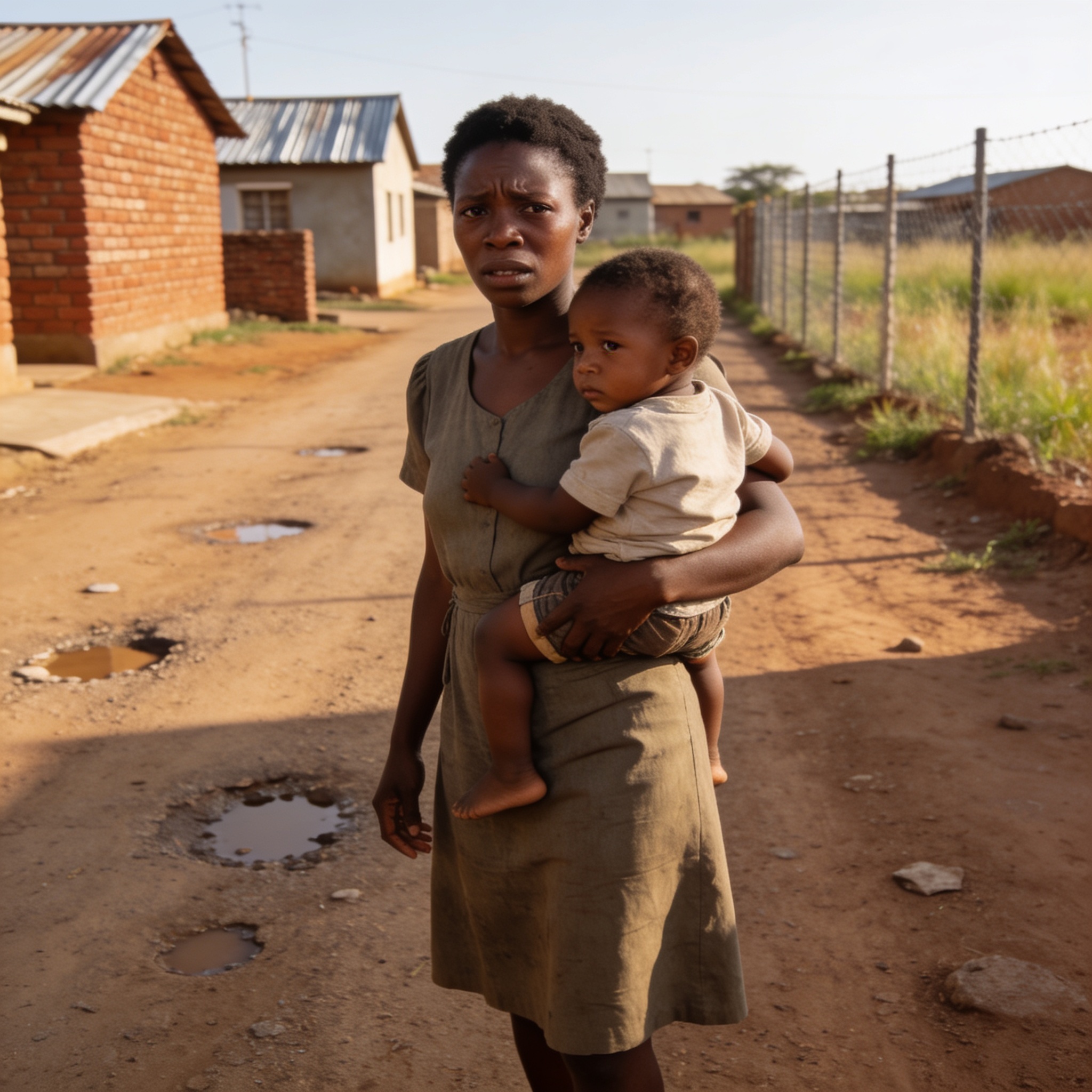 Create an editorial news illustration for an article about 'Masvingo Mother and Toddler Held Overnight as Plot Row With MP Escalates'. The specific country is Zimbabwe (ZW); make visual cues accurate to this exact country and avoid flags or symbols o