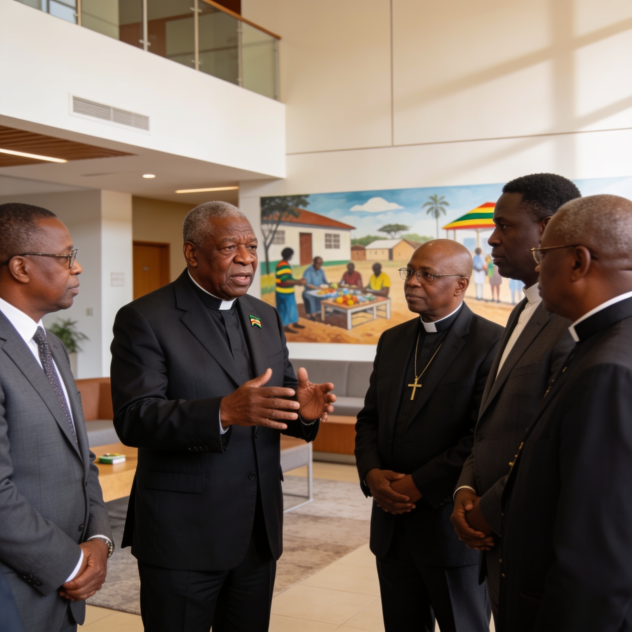 Create an editorial news illustration for an article about 'Mnangagwa calls on churches to join economic development drive'. The specific country is Zimbabwe (ZW); make visual cues accurate to this exact country and avoid flags or symbols of similar