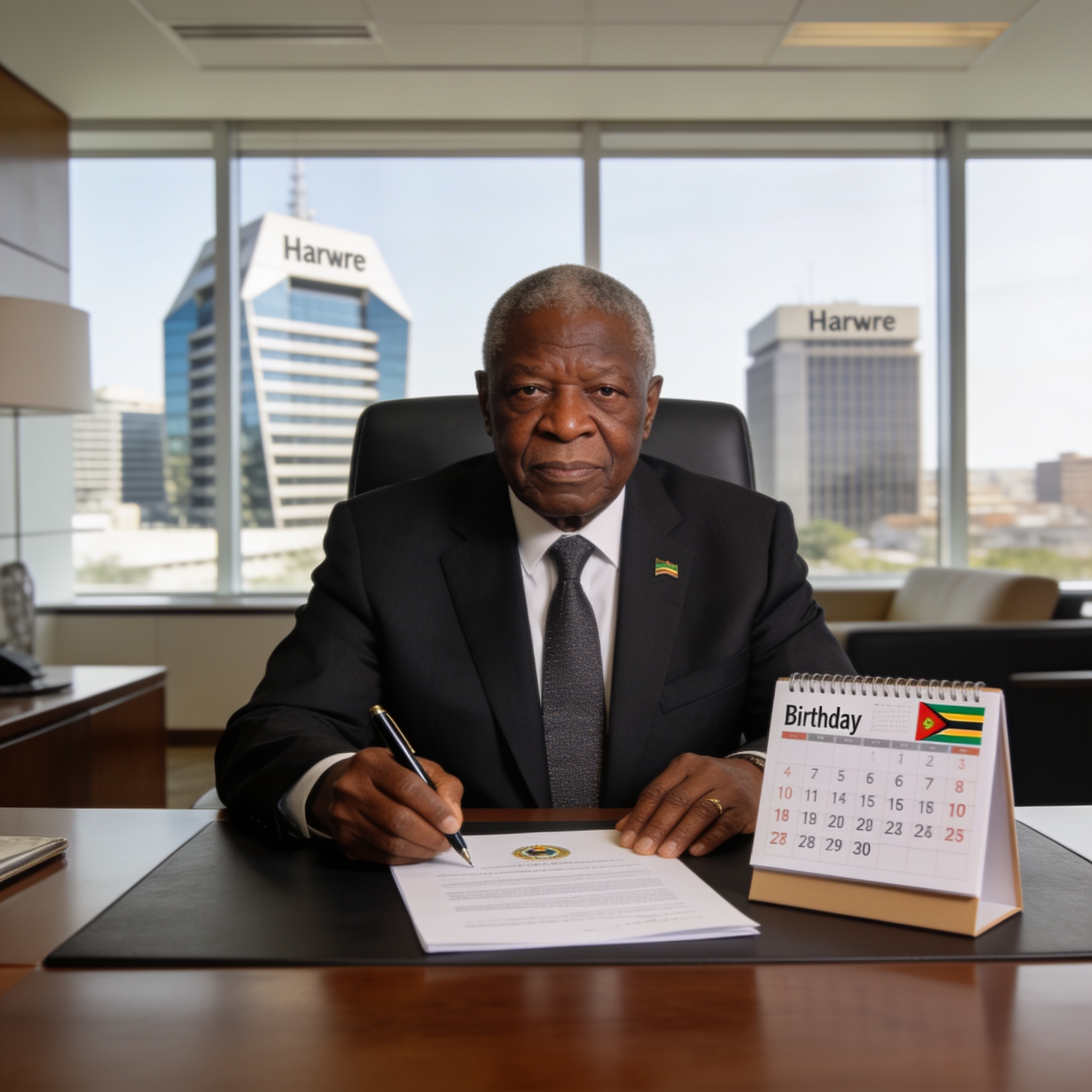 Create an editorial news illustration for an article about 'Mnangagwa Declares His Birthday a New Public Holiday as He Signals Extended Rule'. The specific country is Zimbabwe (ZW); make visual cues accurate to this exact country and avoid flags or s