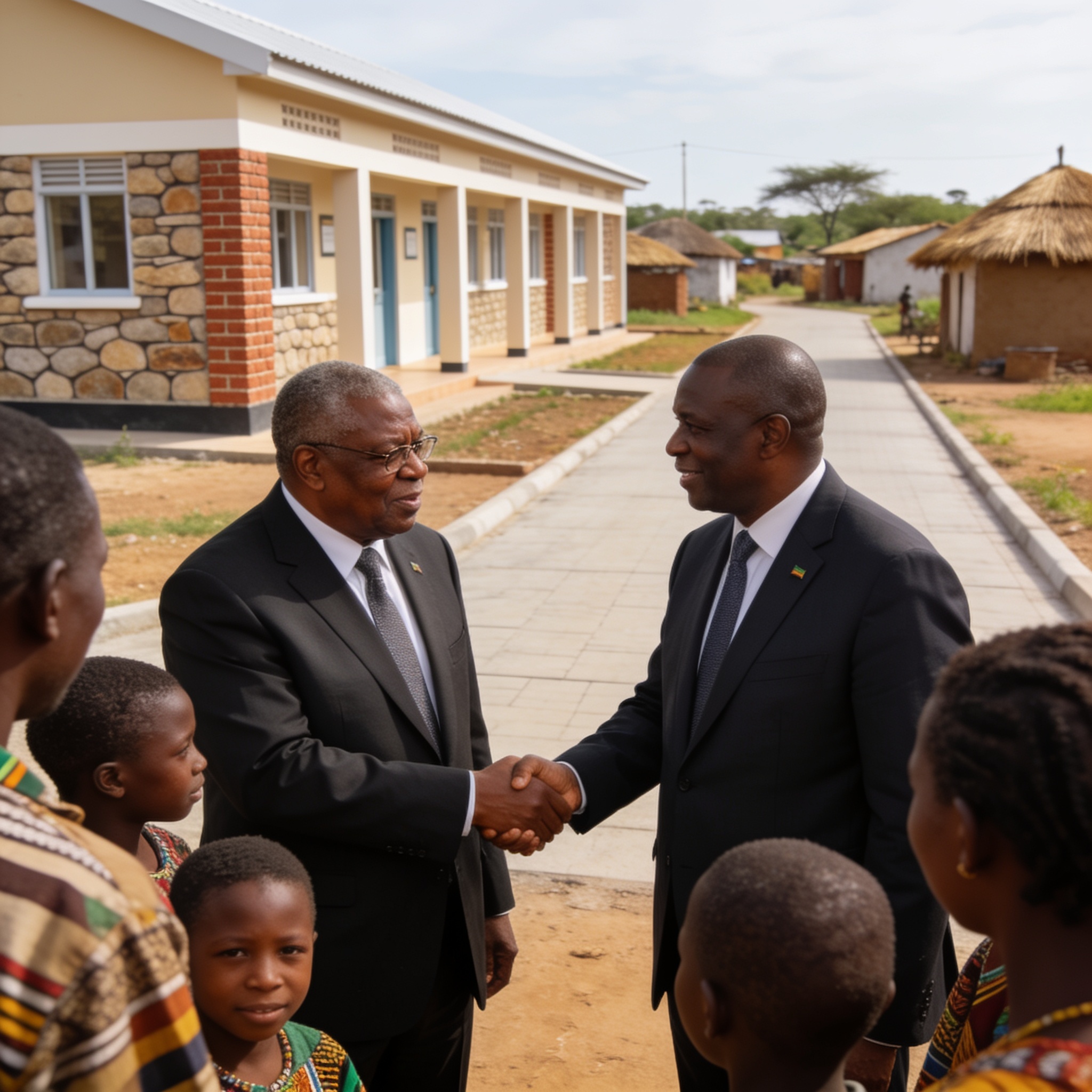 Create an editorial news illustration for an article about 'Mnangagwa Hails Muzenda as a Pillar of Unity and Rural Development'. The specific country is Zimbabwe (ZW); make visual cues accurate to this exact country and avoid flags or symbols of simi