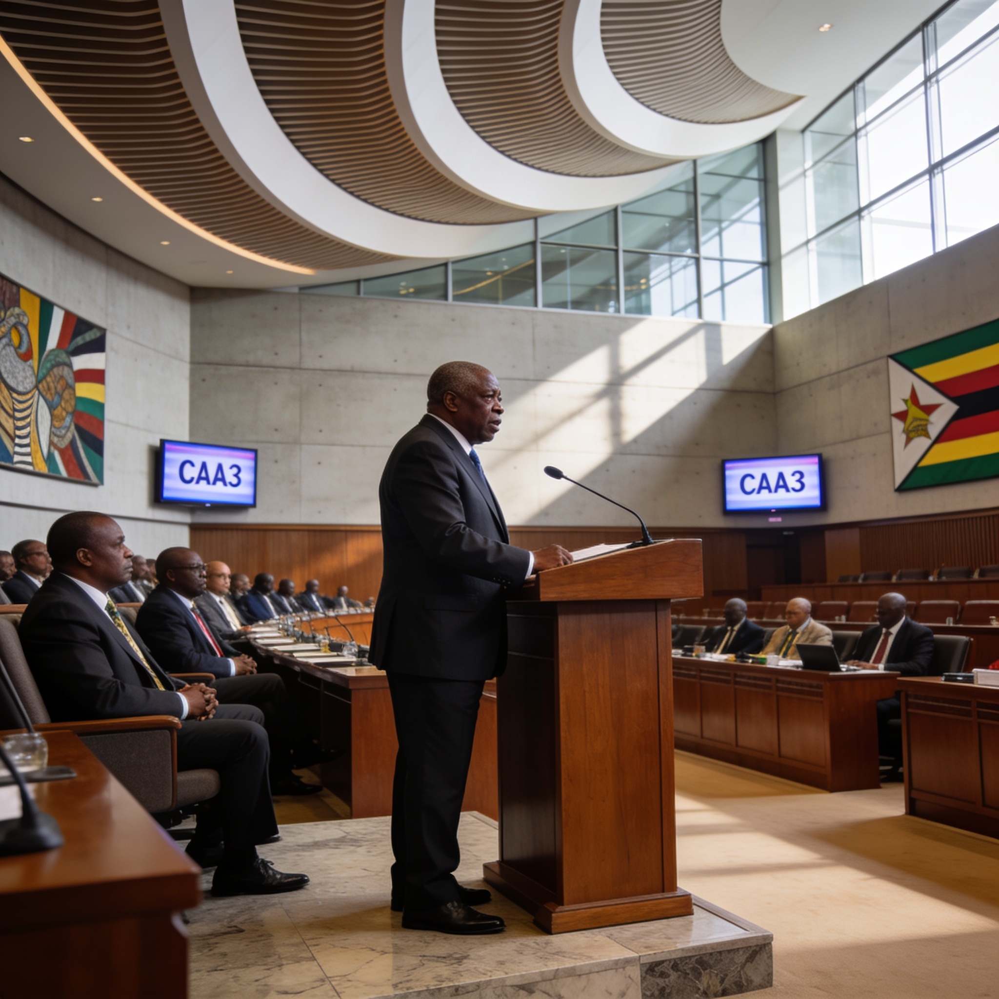 Create an editorial news illustration for an article about 'Mnangagwa Opens Parliament as CAA3 Tests Zimbabwe'. The specific country is Zimbabwe (ZW); make visual cues accurate to this exact country and avoid flags or symbols of similar countries. Do