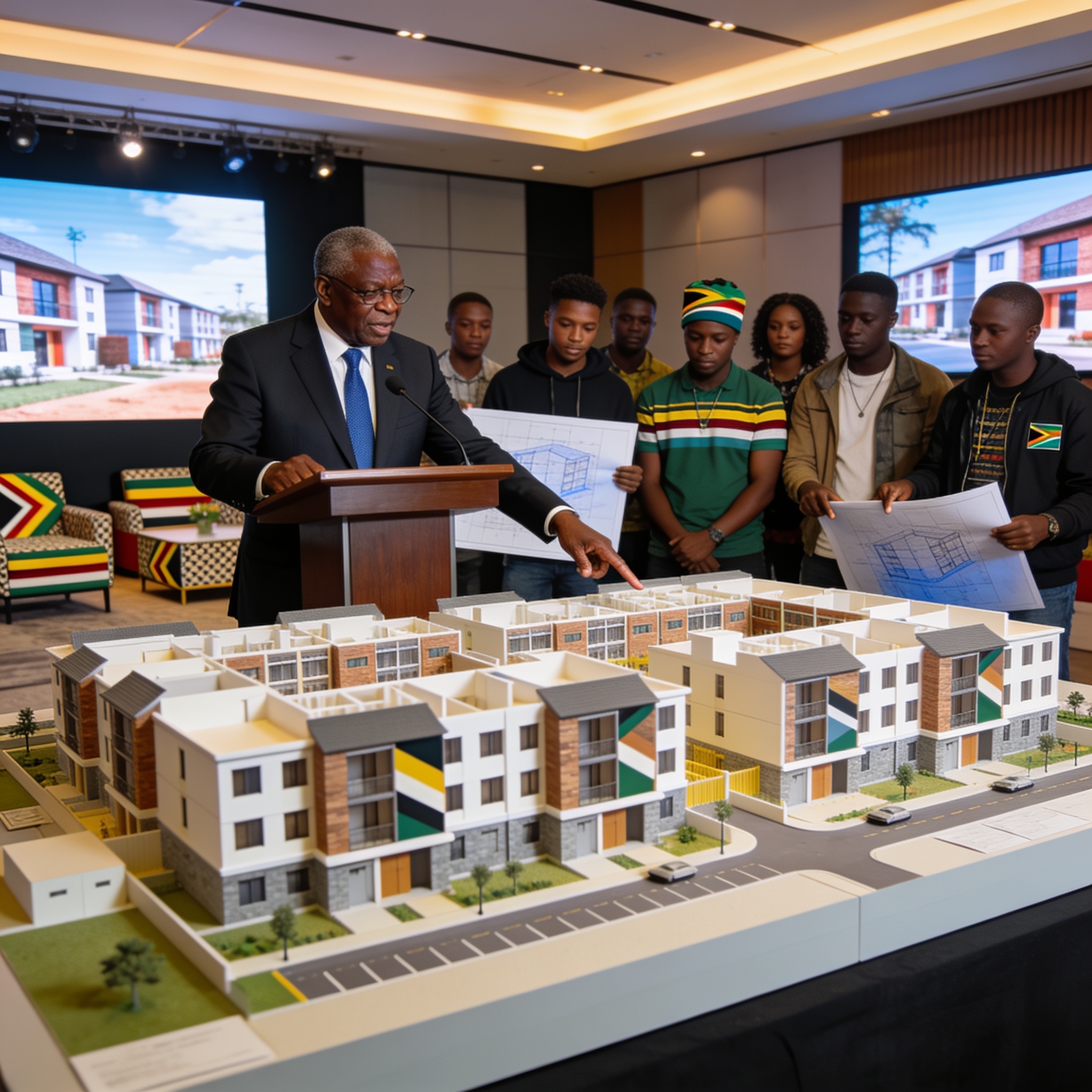 Create an editorial news illustration for an article about 'Mnangagwa to Launch Youth Housing Scheme at Munhumutapa Day Event'. The specific country is Zimbabwe (ZW); make visual cues accurate to this exact country and avoid flags or symbols of simil