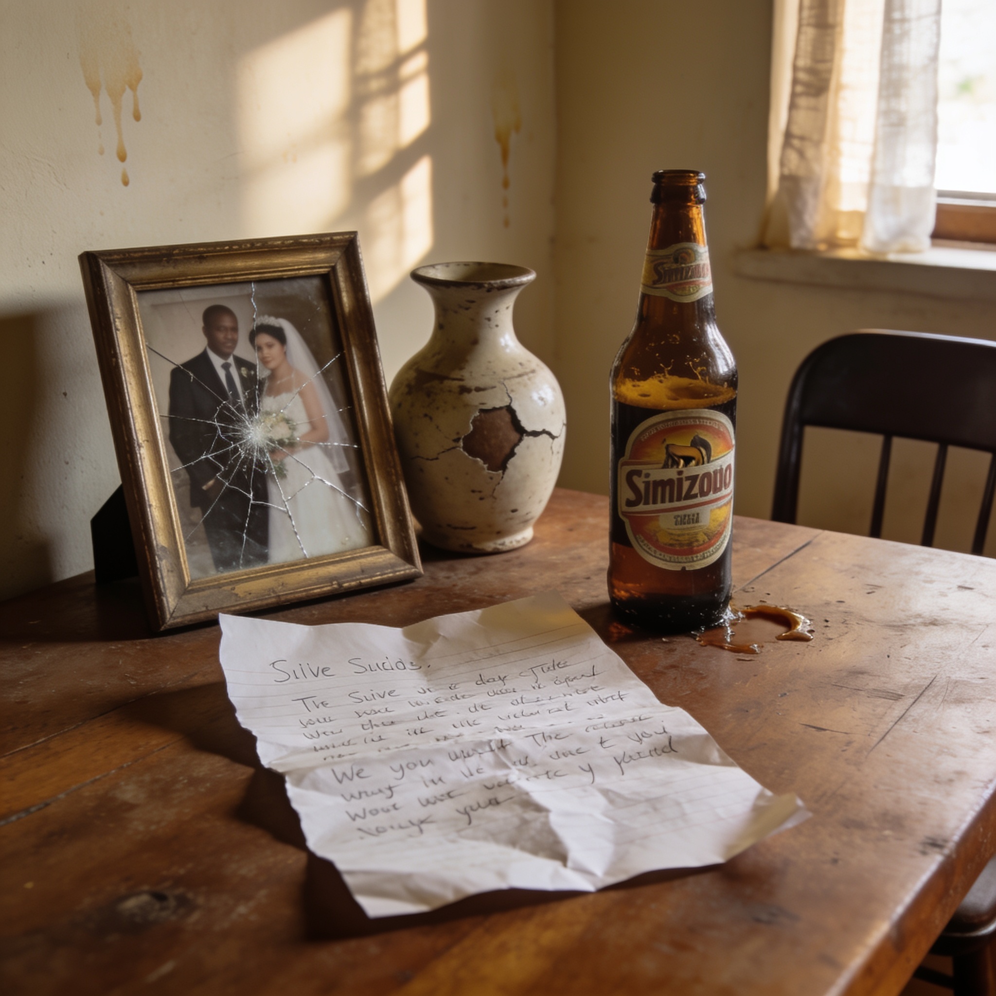 Create an editorial news illustration for an article about 'Muduva Axe Murder: Suicide Note Points to Years of Marital Frustration'. The specific country is Zimbabwe (ZW); make visual cues accurate to this exact country and avoid flags or symbols of