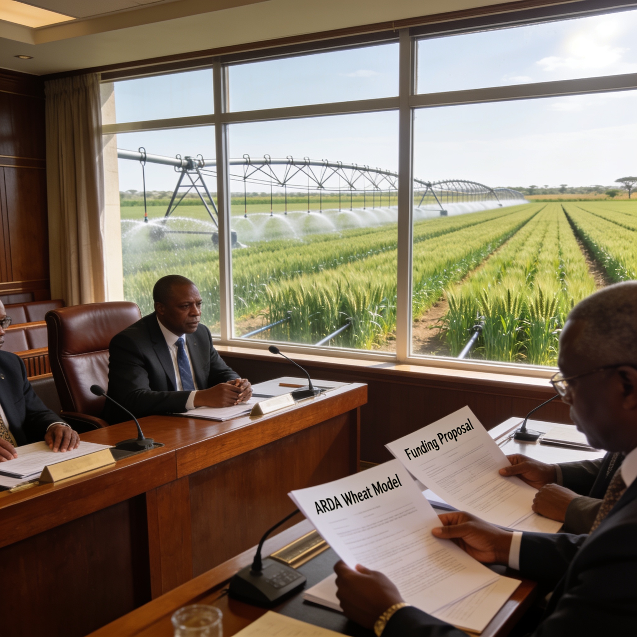 Create an editorial news illustration for an article about 'Parliament Committee Backs ARDA Wheat Model, Calls for More Funding'. The specific country is Zimbabwe (ZW); make visual cues accurate to this exact country and avoid flags or symbols of sim