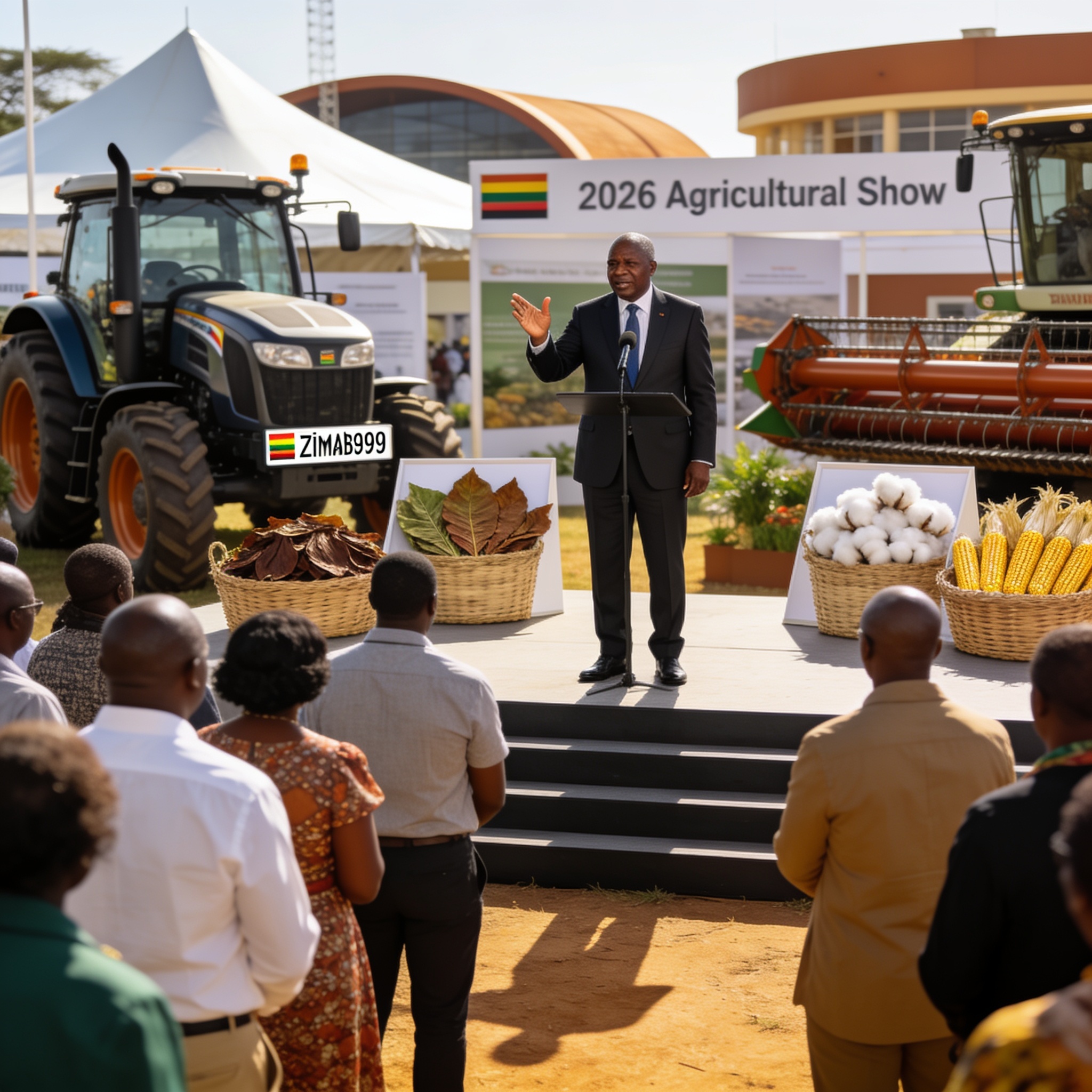 Create an editorial news illustration for an article about 'President Hails Innovation and Growth at 2026 Zimbabwe Agricultural Show'. The specific country is Zimbabwe (ZW); make visual cues accurate to this exact country and avoid flags or symbols o