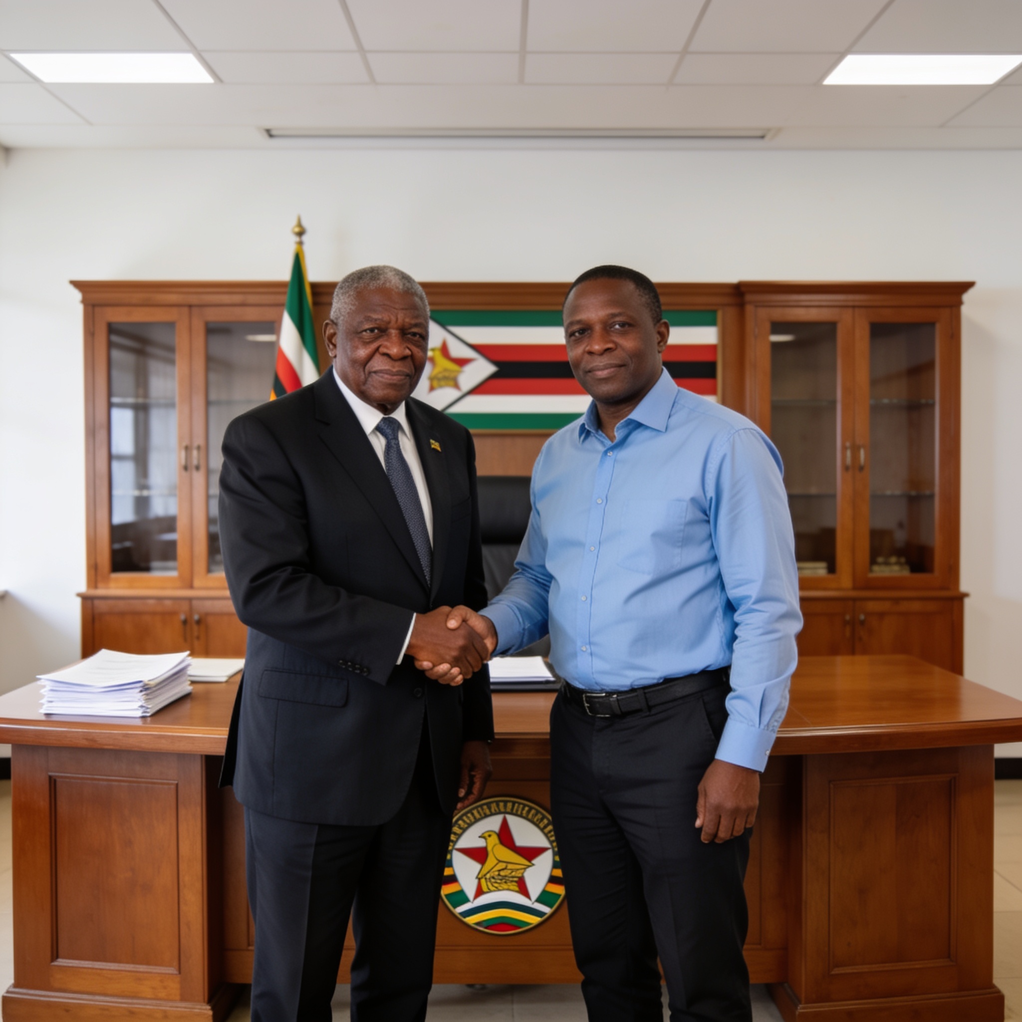 Create an editorial news illustration for an article about 'President Mnangagwa Appoints Engineer Muguti as Local Government Permanent Secretary'. The specific country is Zimbabwe (ZW); make visual cues accurate to this exact country and avoid flags