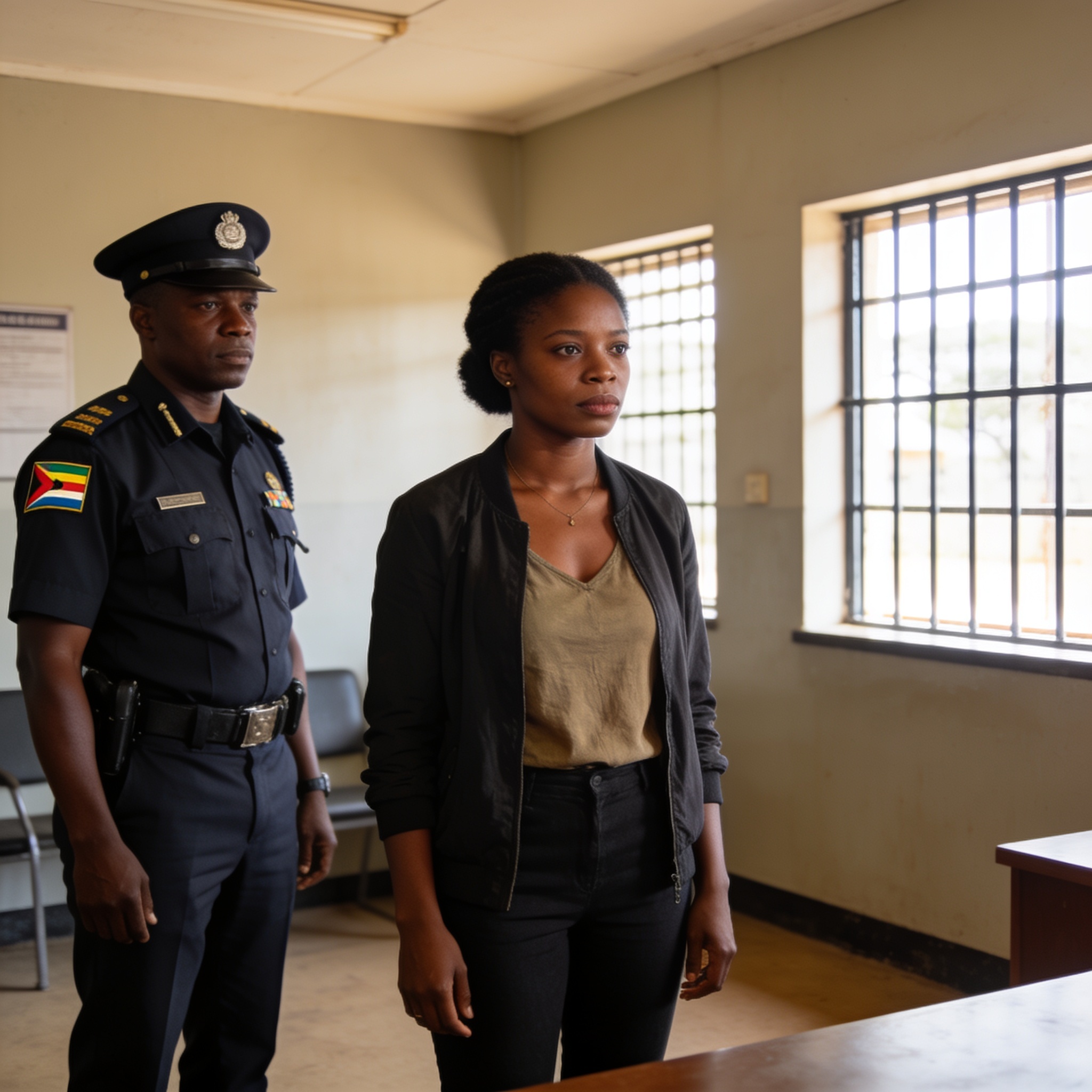 Create an editorial news illustration for an article about 'President Mnangagwa’s Daughter-in-Law Held Overnight on Drug Charges'. The specific country is Zimbabwe (ZW); make visual cues accurate to this exact country and avoid flags or symbols of si