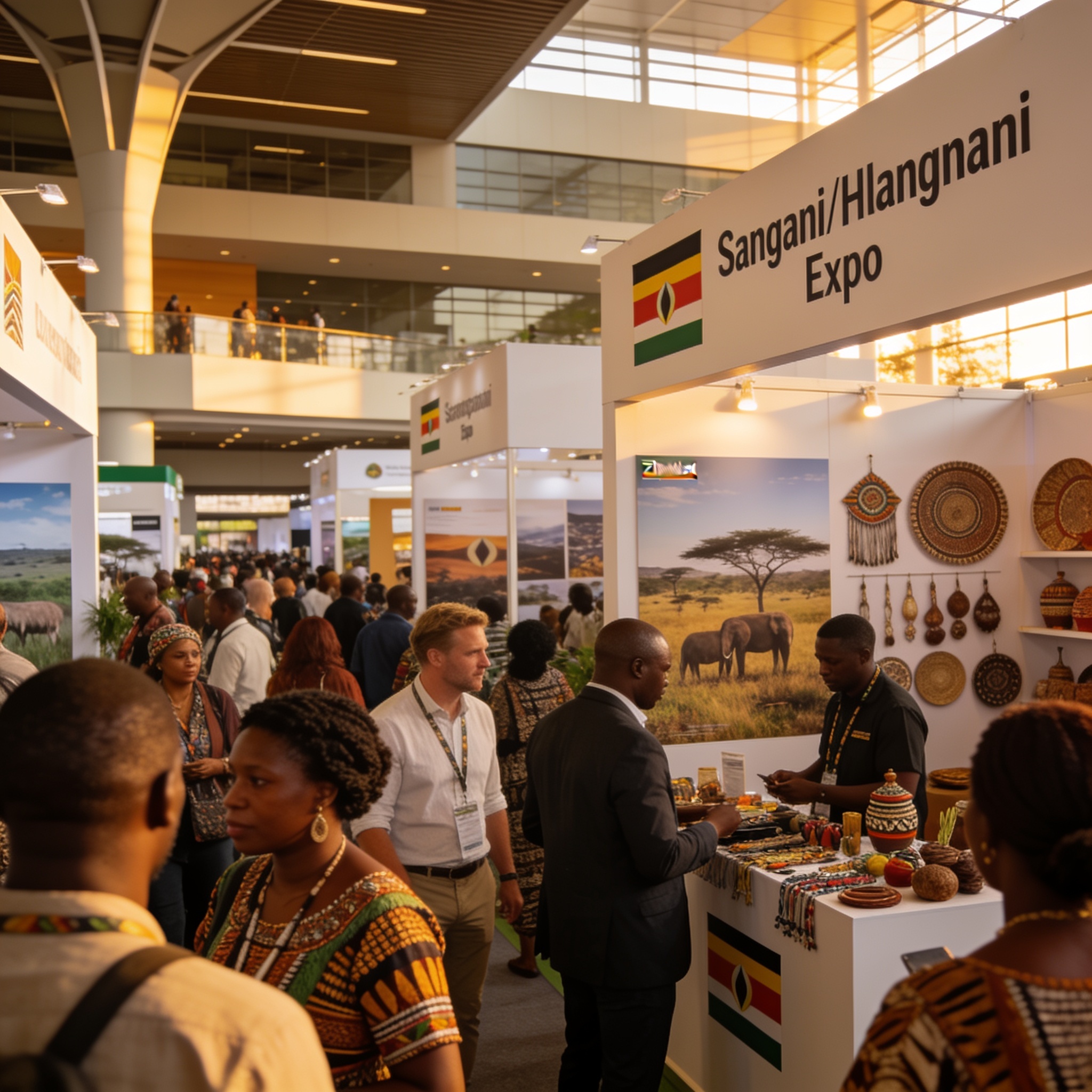 Create an editorial news illustration for an article about 'Record Sanganai/Hlanganani Expo turnout signals Zimbabwe tourism rebound'. The specific country is Zimbabwe (ZW); make visual cues accurate to this exact country and avoid flags or symbols o